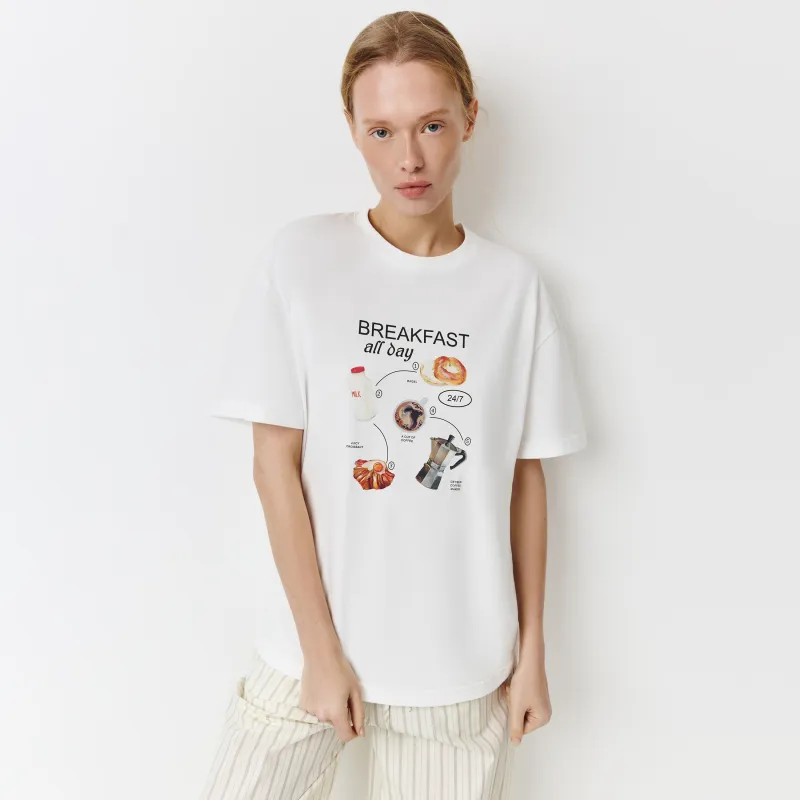 Әйелдер футболкасы, өлшемі L, мақта, сүт түстес, Breakfast all day, Limva