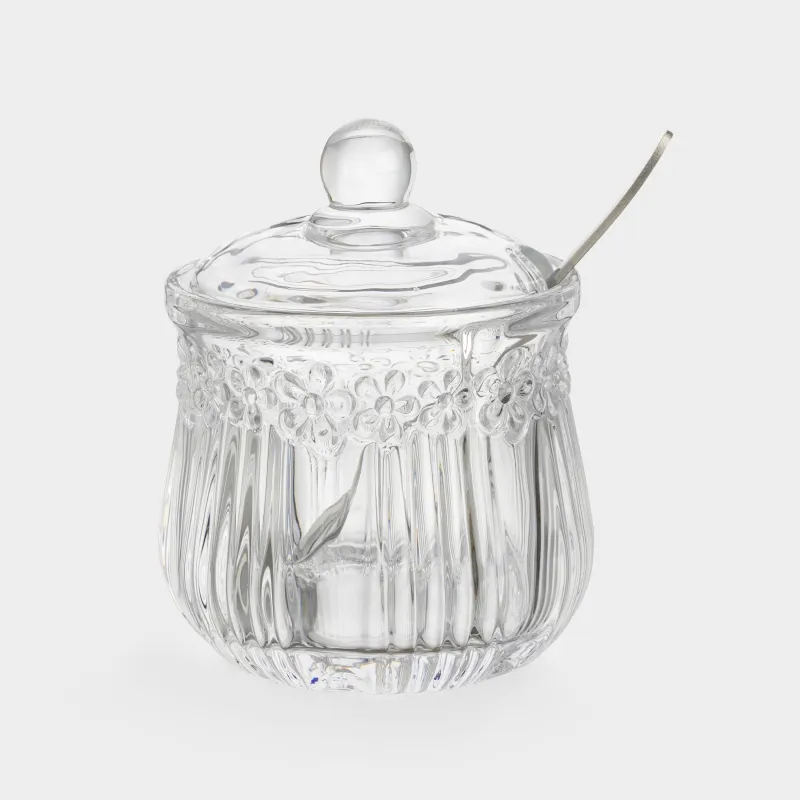Сахарница, 11 см, 150 мл, с ложкой, стекло Р/металл, Цветы, Clear pattern