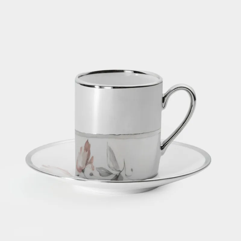 Кофе жұбы, 1 адам, 2 зат, 90 мл, фарфор N, ақ және күміс, Гүл, Flower silver