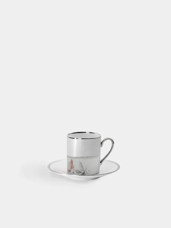 Кофе жұбы, 1 адам, 2 зат, 90 мл, фарфор N, ақ және күміс, Гүл, Flower silver, image-0