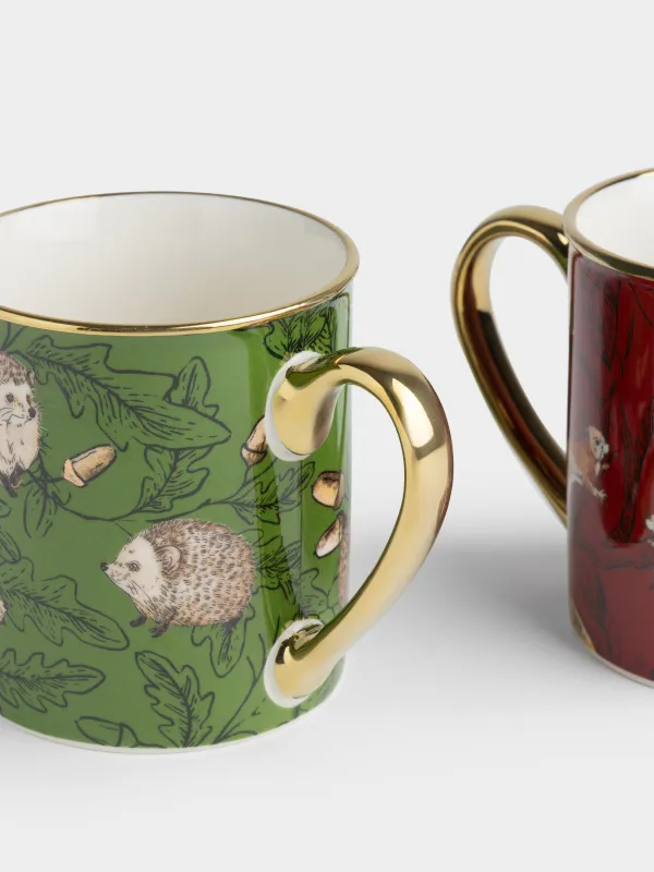 Кружка, 300 мл, 2 шт, фарфор N, бордовая/зеленая, Белки/Ежи, Forest animals, image-2