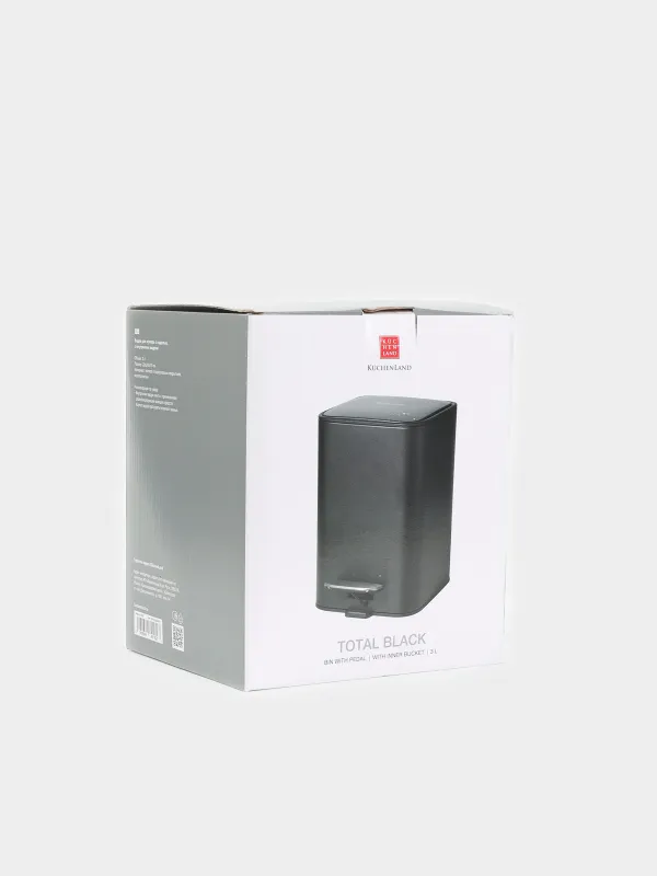 Қоқыс салғыш, 3 л, педальмен, металл, шаршы, қара, Total black, image-6