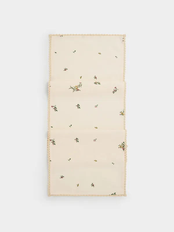 Дорожка настольная, 40х160 см, с кружевом, хлопок, бежевая, Цветы, El flower, image-0