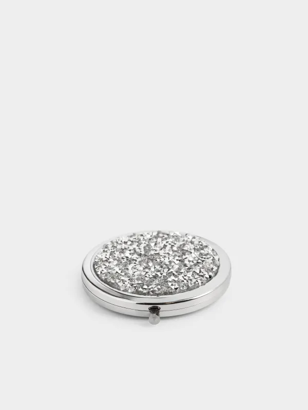 Қалта айнасы, 7 см, екі жақты, металл, күміс, ринстондар, Art deco, image-2