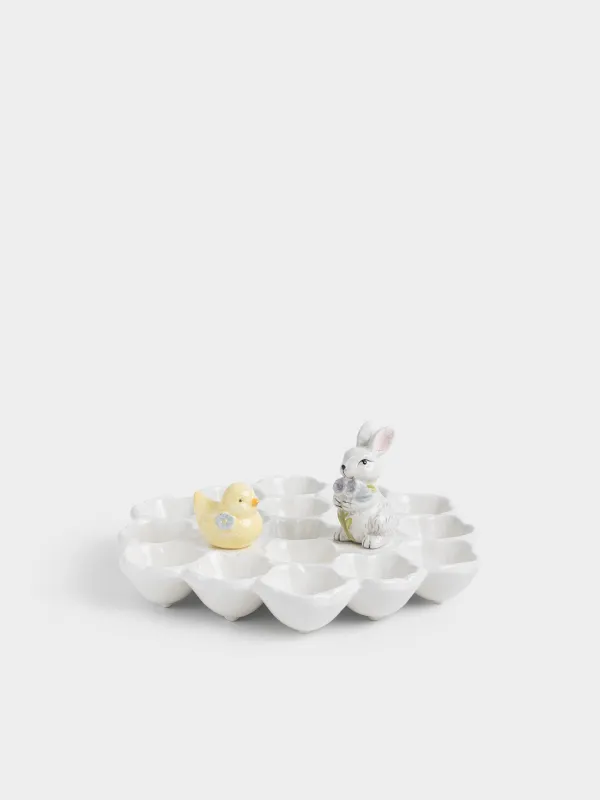 Пасха ыдысы, 27x12 см, 17 бөлім, керамика, сүт түстес, Гүлдер арасындағы қоян мен балапан, Easter, image-2