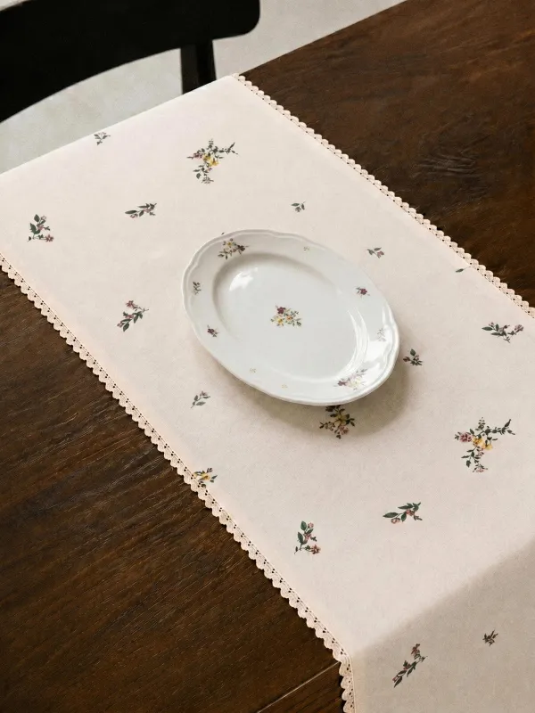 Дорожка настольная, 40х160 см, с кружевом, хлопок, бежевая, Цветы, El flower, image-2