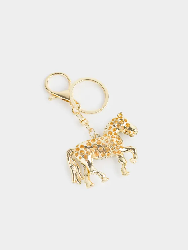 Салпыншақ, 12 см, металл / ринстондар / эмаль, Алтын, жылқы, Keychain crystal, image-3