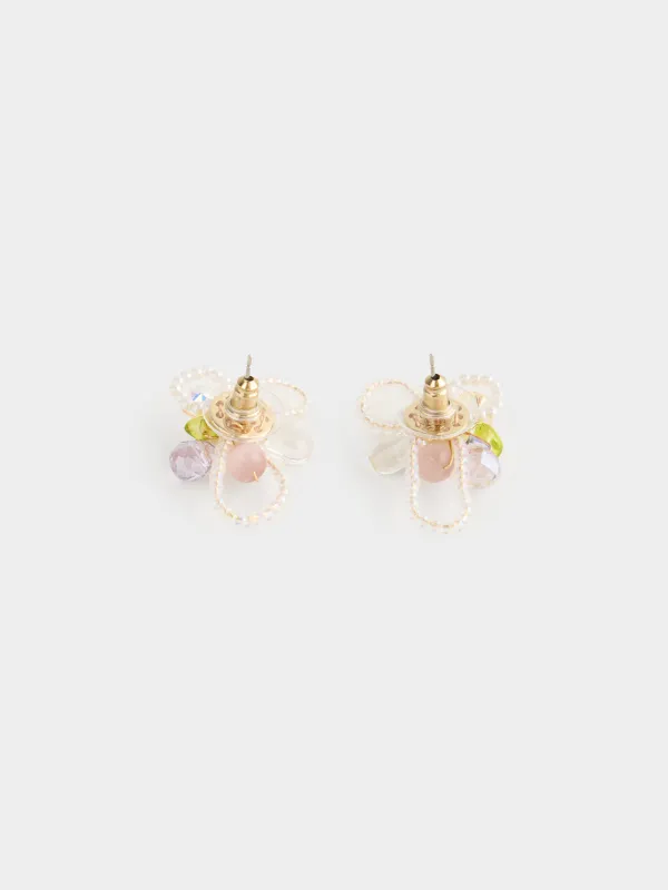 Пусет сырғалары, 3 см, 2 дана, шыны/пластик, сүт түстес, Гүл, Pearl color, image-2