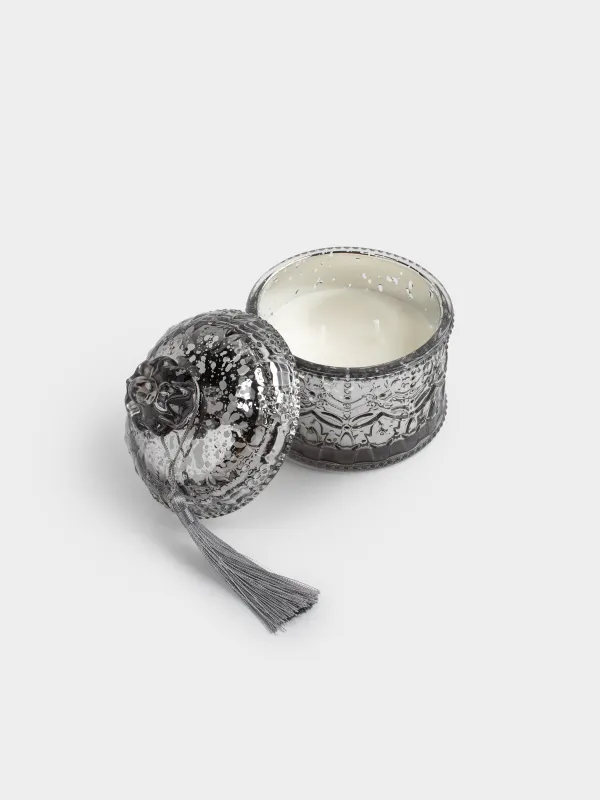 Хош иісті шам, 10х11 см, шам ұстағышта, қақпағы бар, шыны, күміс, Хош иіс, Silver style, image-1
