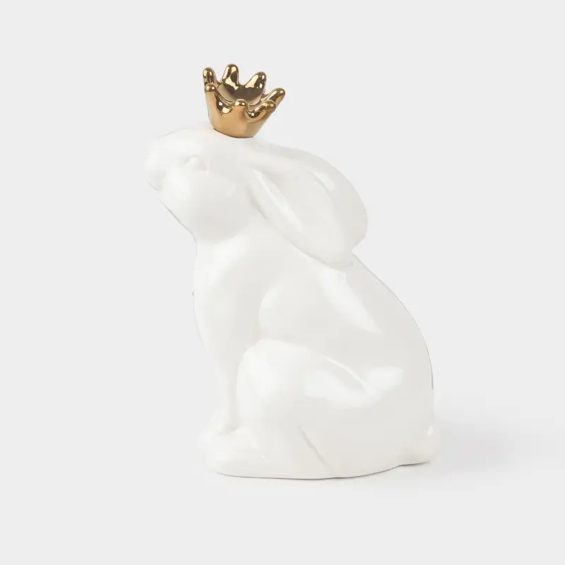 Статуэтка, 15 см, керамика, бело-золотистая, Кролик в короне, Easter gold ,image-0