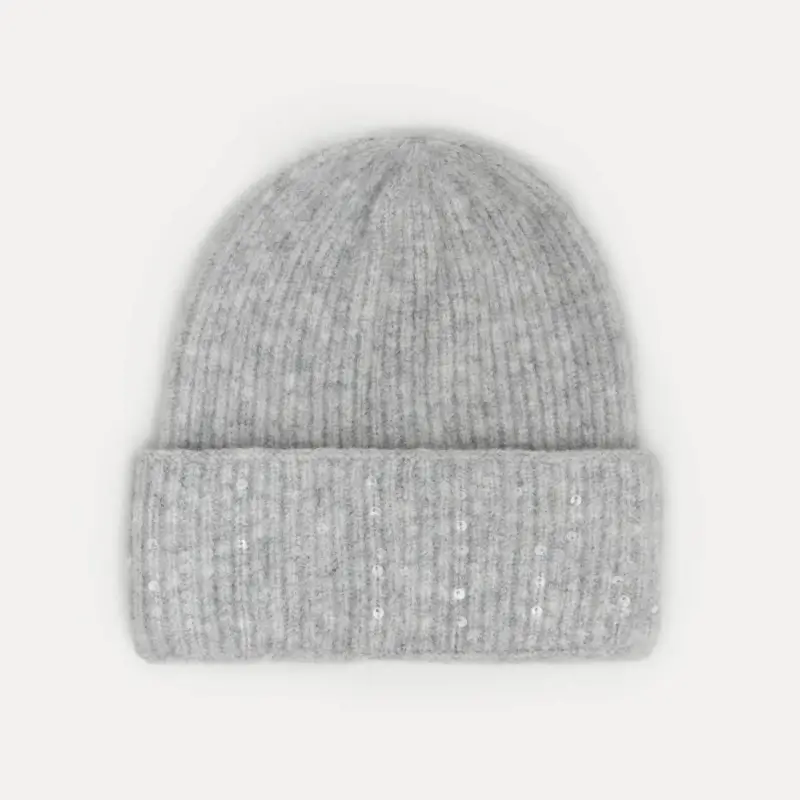 Шапка женская, единый размер, акрил/нейлон, серая, с пайетками, Knitting