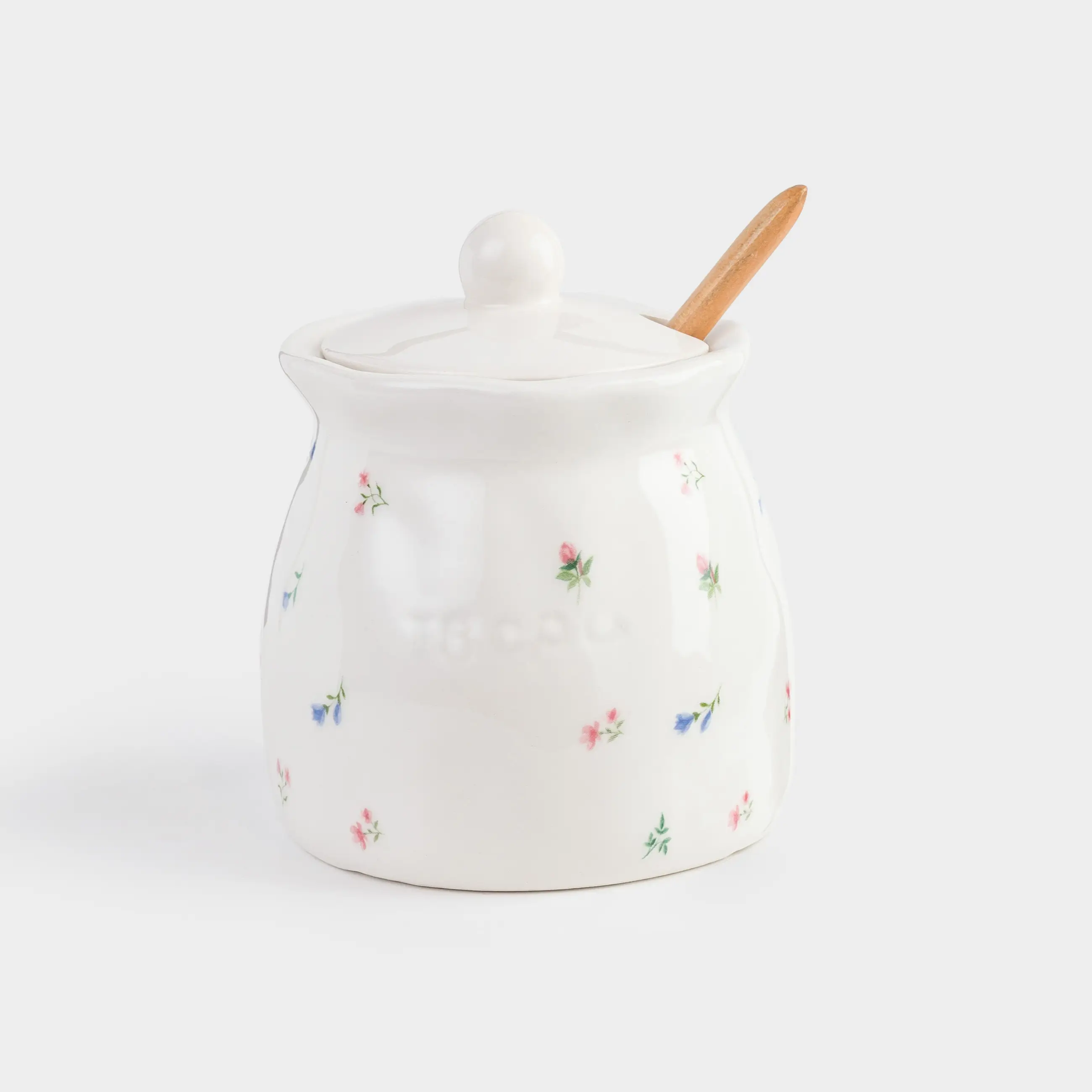 Сахарница, 12 см, 370 мл, с ложкой, керамика/дерево, молочная, Цветы, El flora, image-0
