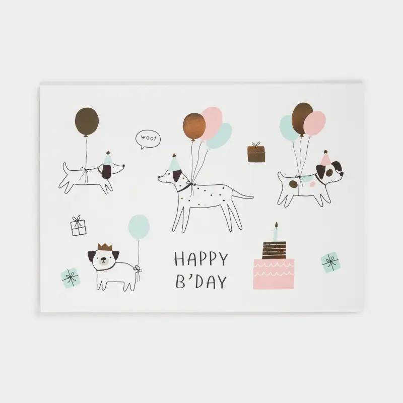 Открытка подарочная, 12х17 см, бумага, белая, Собаки с шариками, Birthday ,image-0