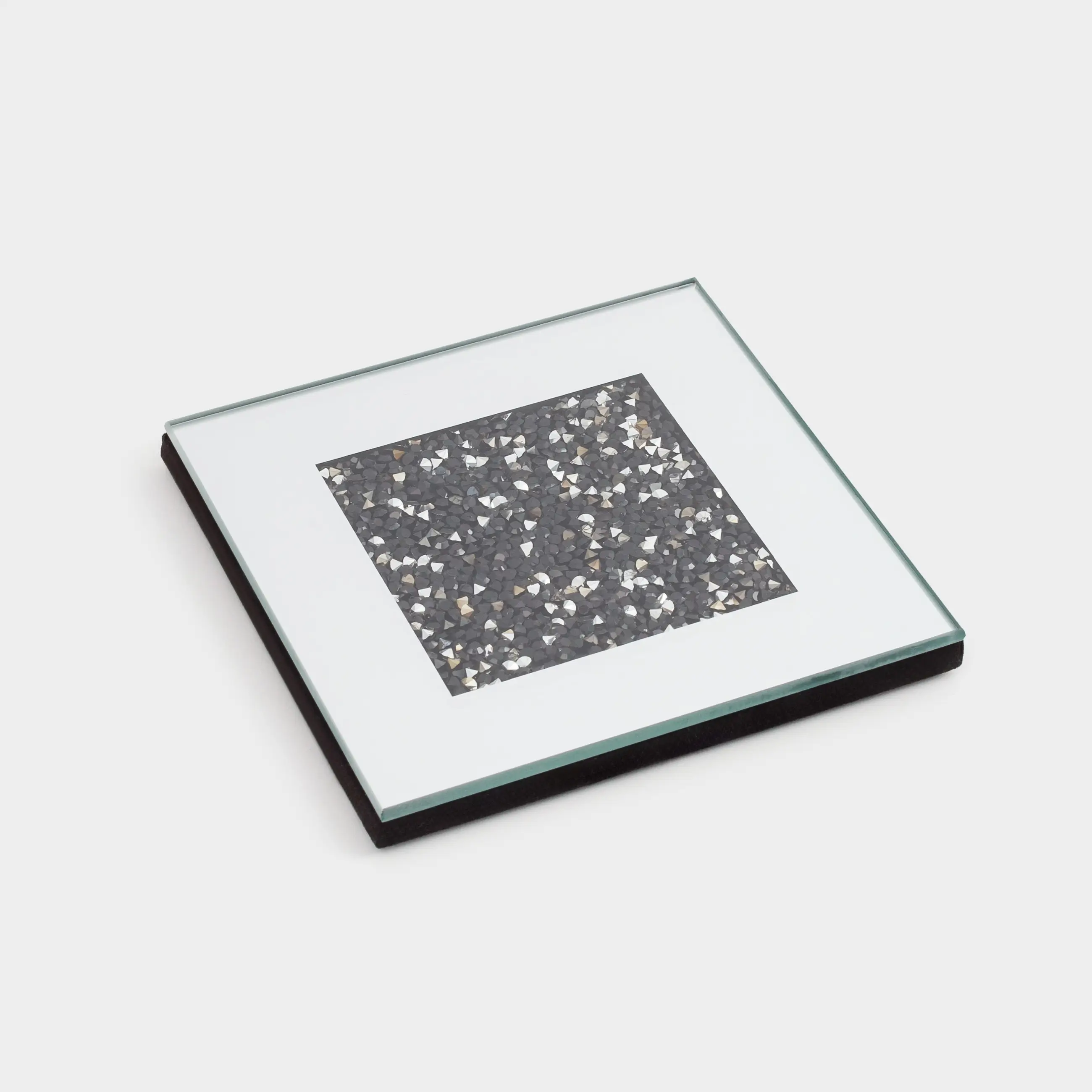 Подставка под кружку, 10 см, стекло, квадратная, зеркальная, Черные кристаллы, Glossy crystal