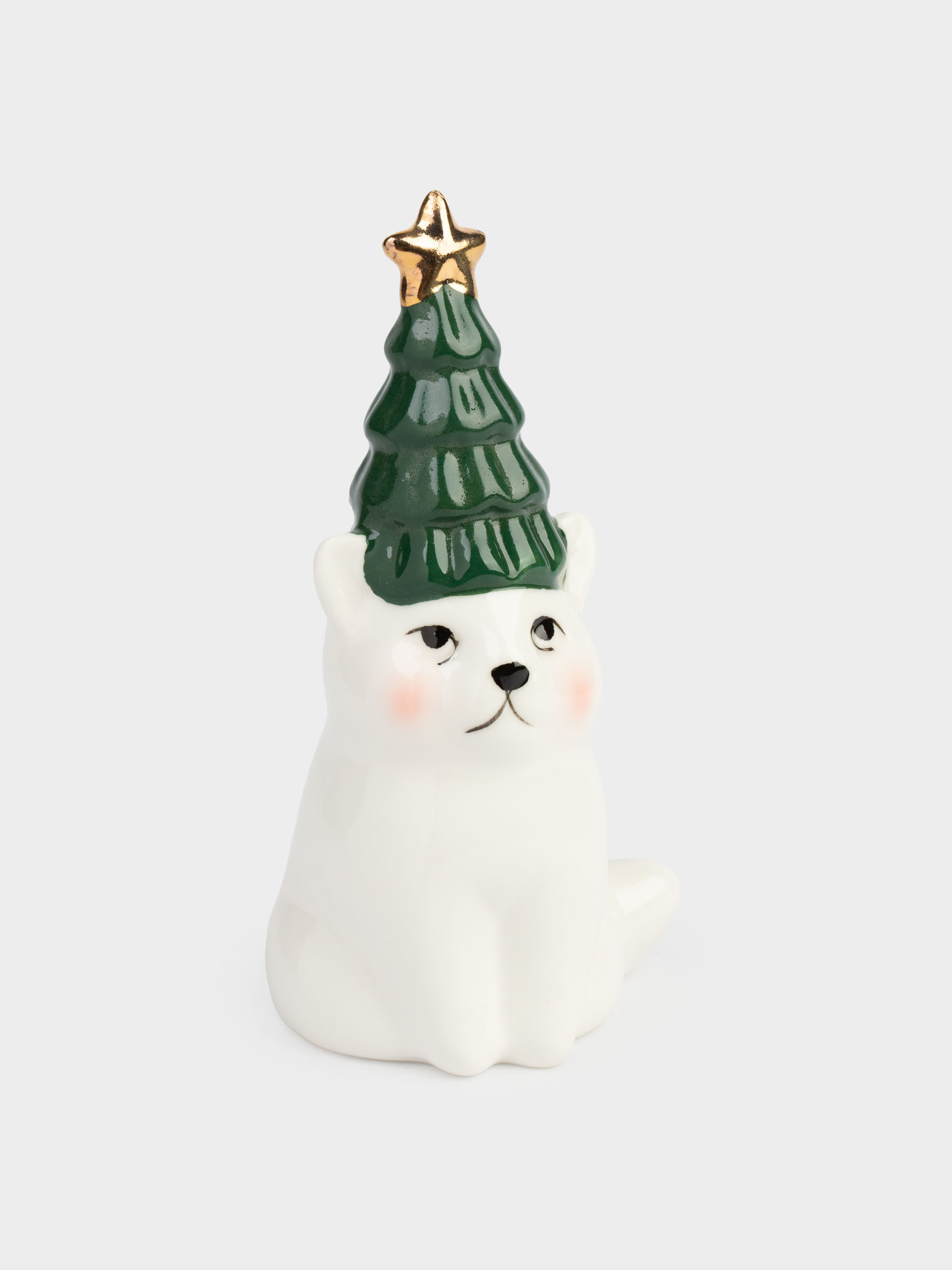 Мүсінше, 12 см, фарфор P, ақ және жасыл, Шыршасы бар мысық, Christmas cat, image-1