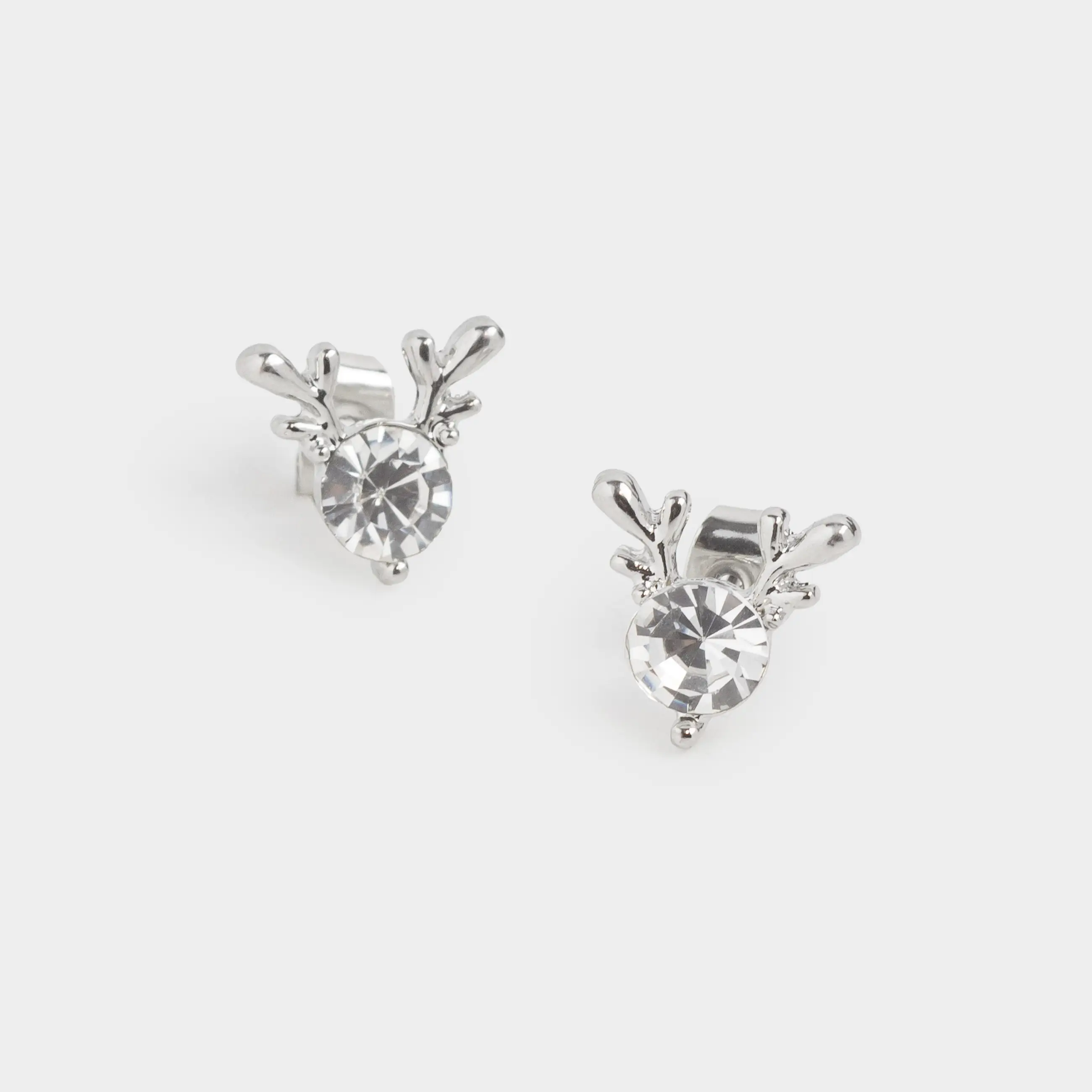 Серьги-пусеты, 1 см, 2 шт, металл/стразы, серебристые, Олени, Sparkly deer, image-0