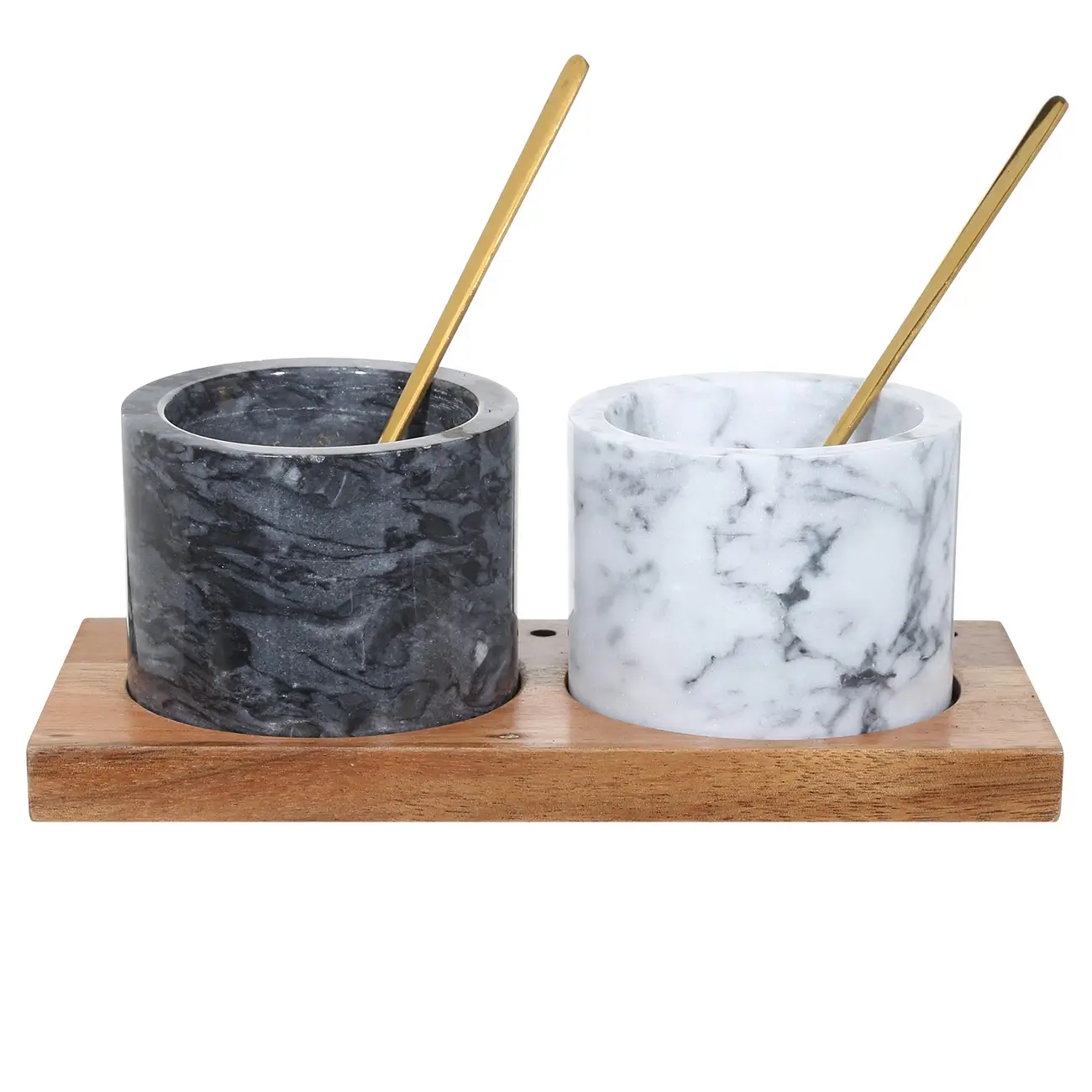 Емкость для специй, 6 см, 2 шт, с ложками, на подставке, мрамор/дерево, Marble