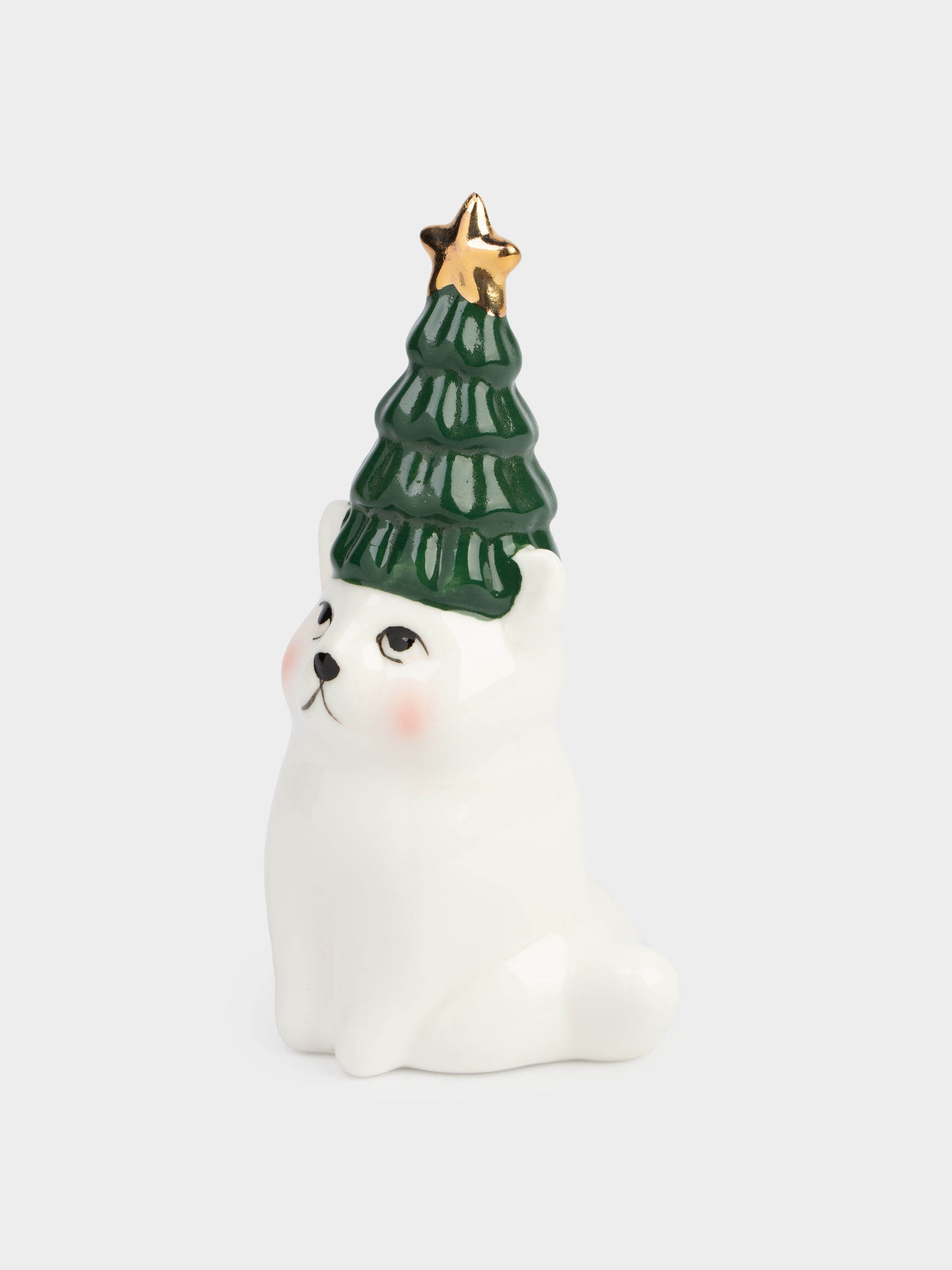 Мүсінше, 12 см, фарфор P, ақ және жасыл, Шыршасы бар мысық, Christmas cat, image-2