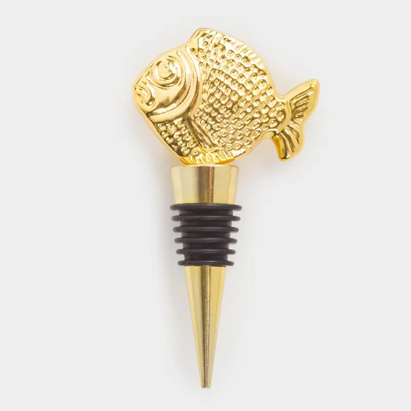 Пробка для винной бутылки, 10 см, металл/силикон, золотистая, Рыбка, Goldfish ,image-0
