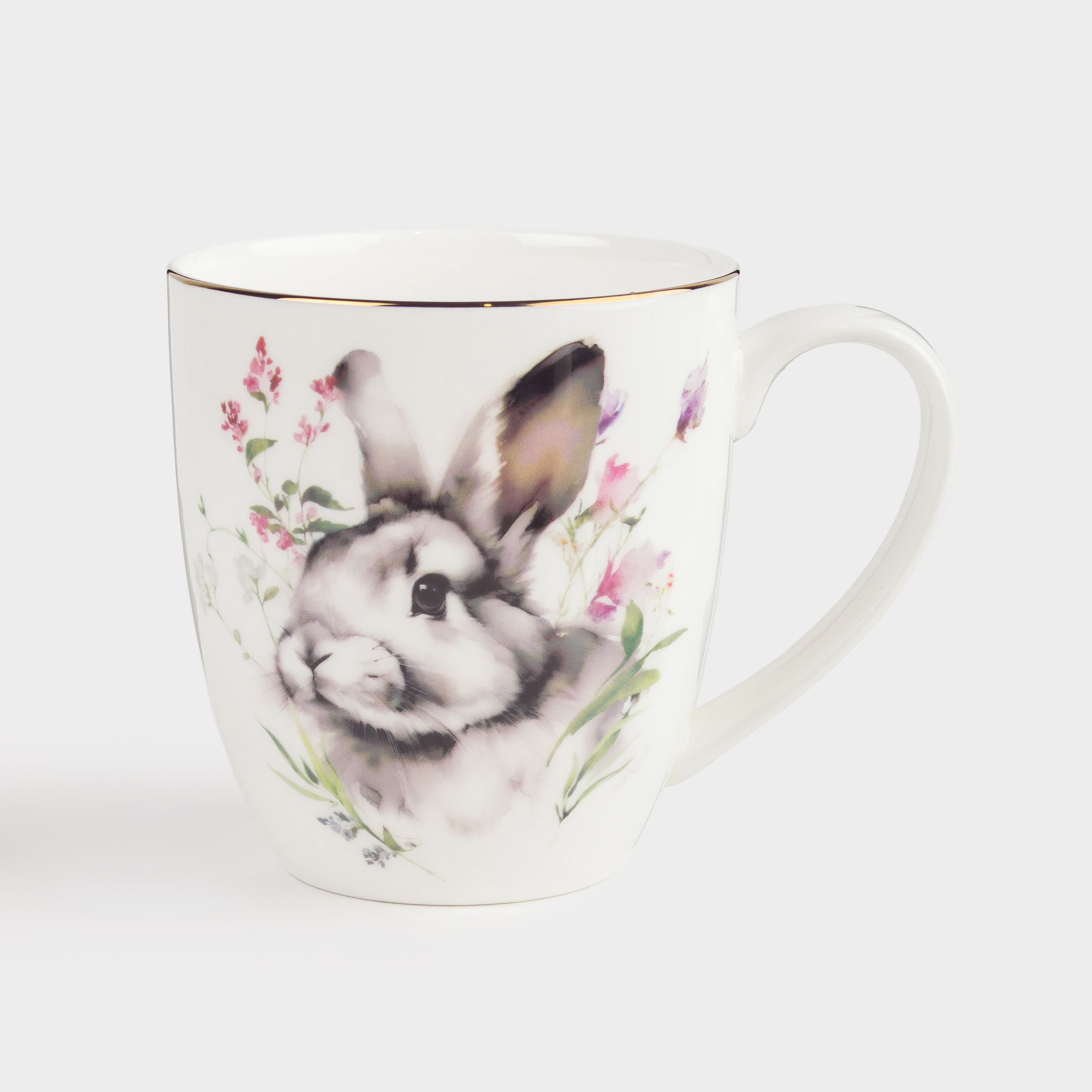 Кружка, 370 мл, фарфор F, белая, с золотистым кантом, Кролик в цветах, Easter, image-0