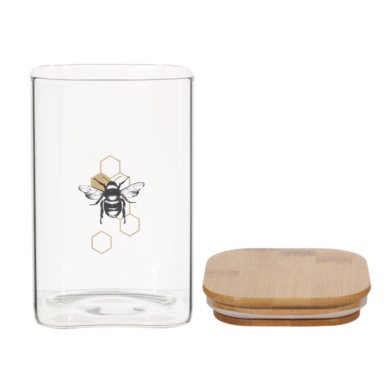 Банка для сыпучих продуктов, 1,1 л, стекло Б/бамбук, квадратная, Пчела, Honey изображение № 2