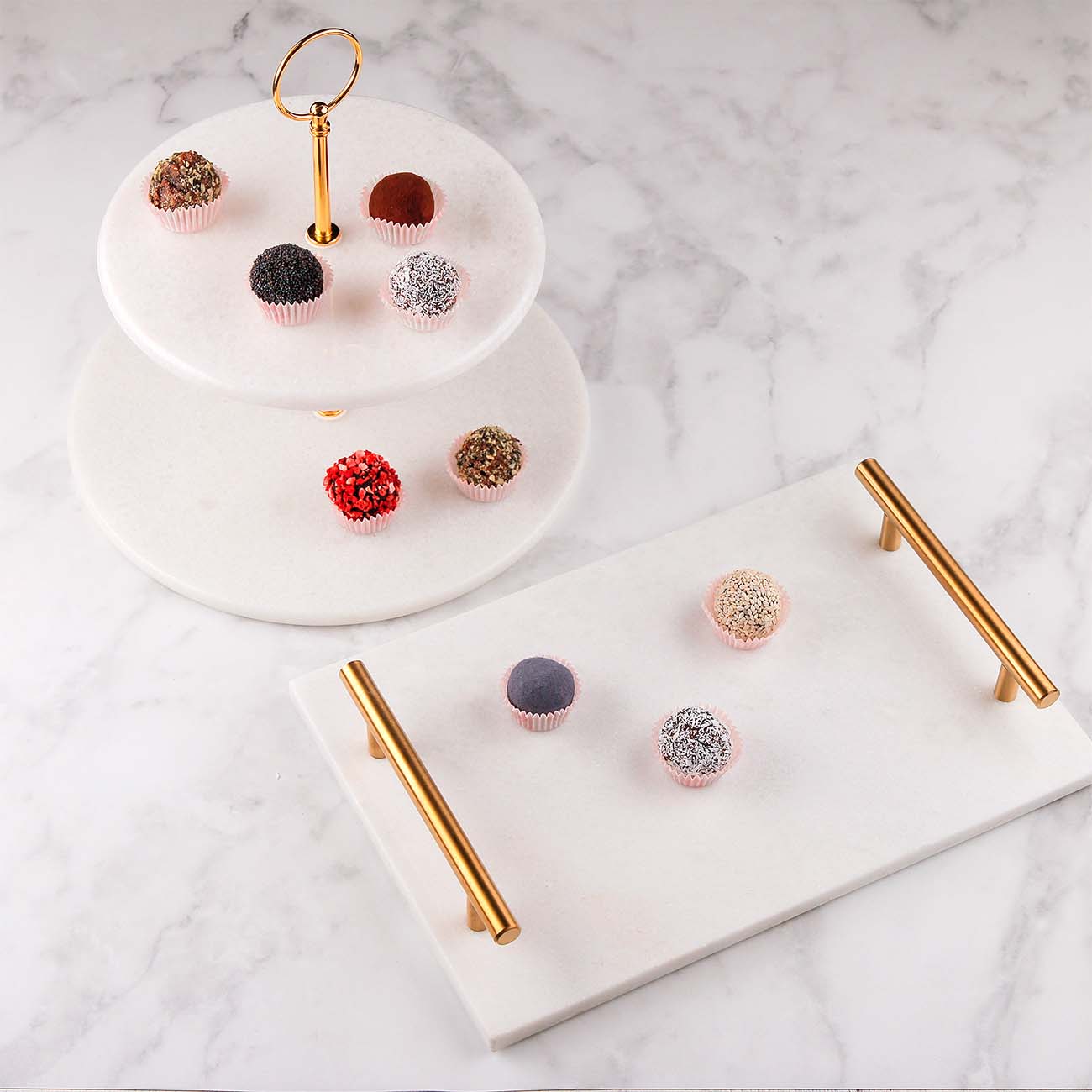 Поднос, 30x20 см, с ручками, мрамор, прямоугольный, белый/золотистый, Marble, image-1