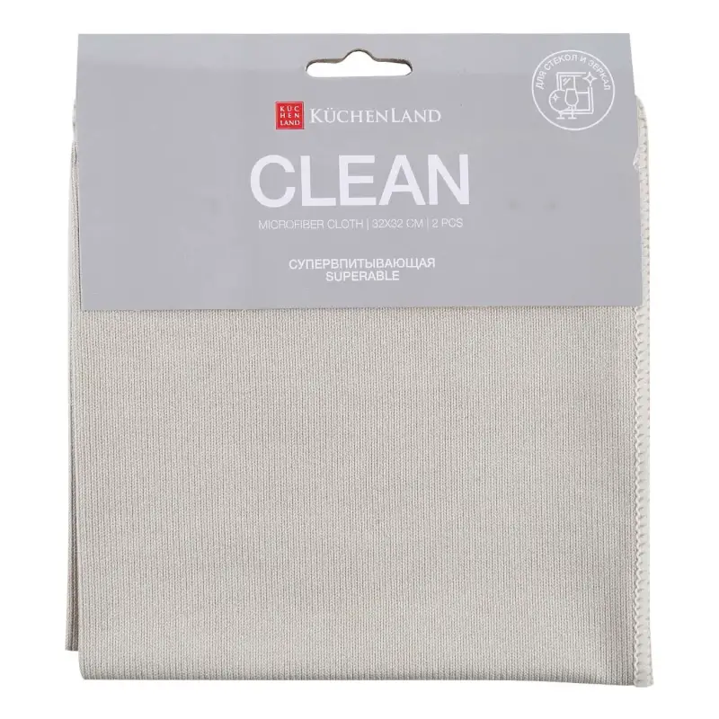 Тряпка для стекла/пластика/зеркал, 32х32 см, 2 шт, микрофибра, серая, Clean, image-0