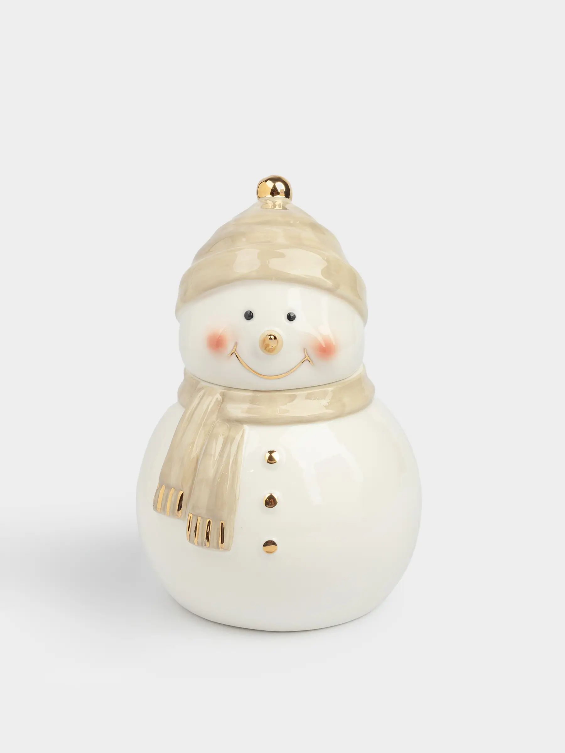 Емкость для хранения, 19х13 см, 1 л, фарфор P, бело-бежевая, Снеговик в шапке и шарфе, Snowy