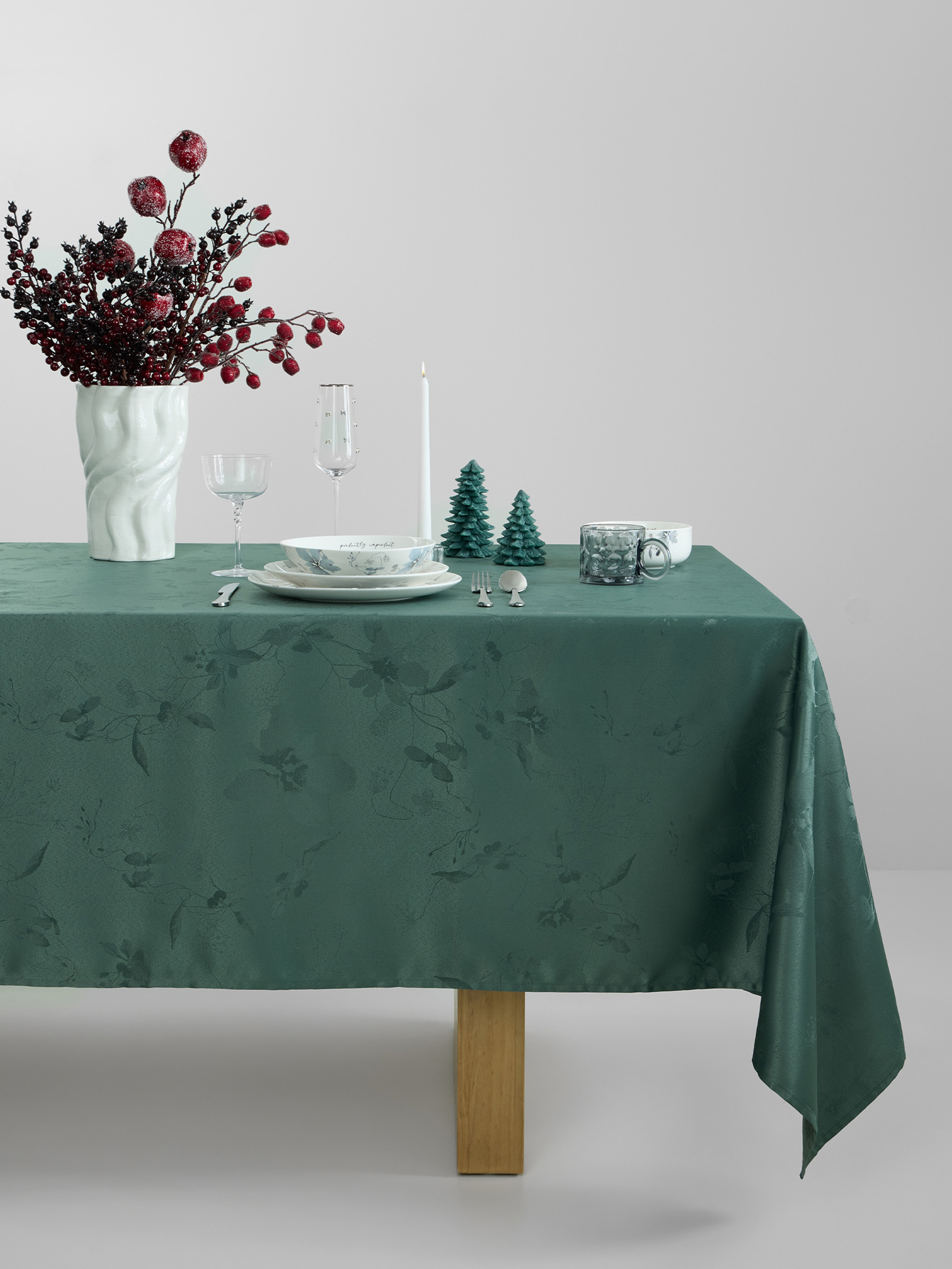 Скатерть, 160х160 см, жаккард, полиэстер, зеленая, Цветы, Flora green, image-0