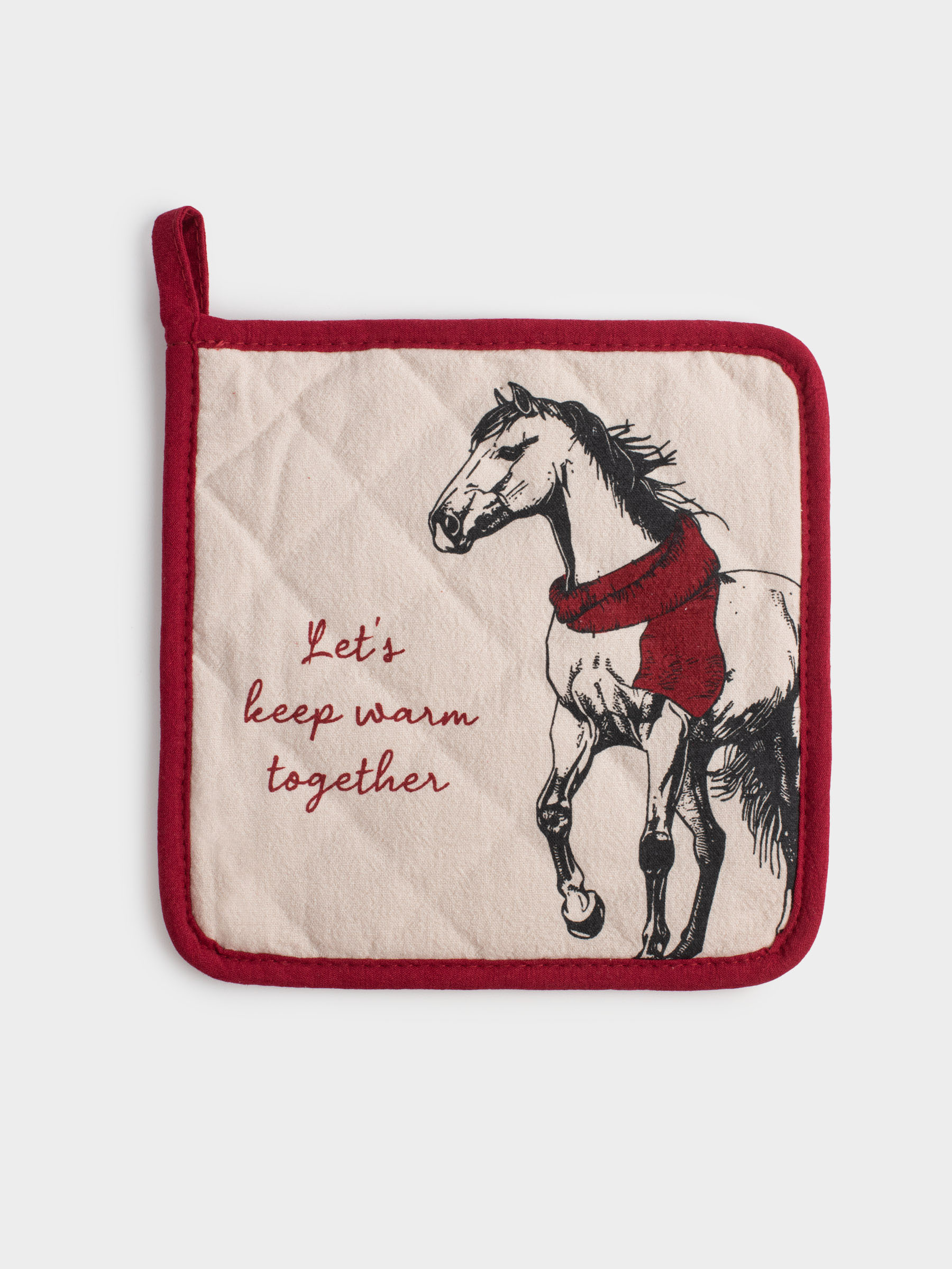 Ыдыс ұстағыш, 20х20 см, мақта, сұр және сарғылт-қоңыр, Жылқы, Horse in scarf, image-0