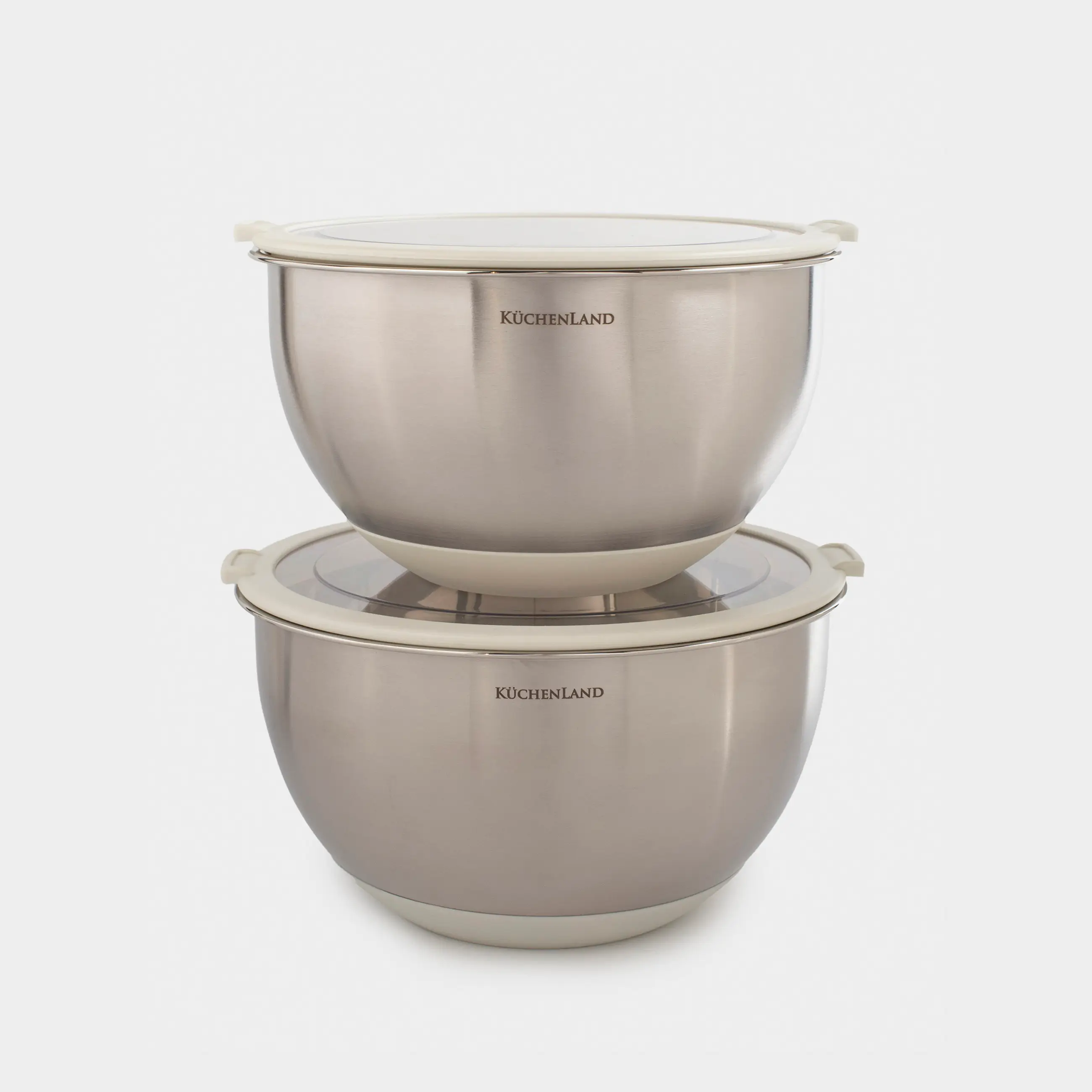 Миска, 2/3 л, 2 шт, с крышкой, антискользящее дно, сталь/пластик, бежевая, Terra new