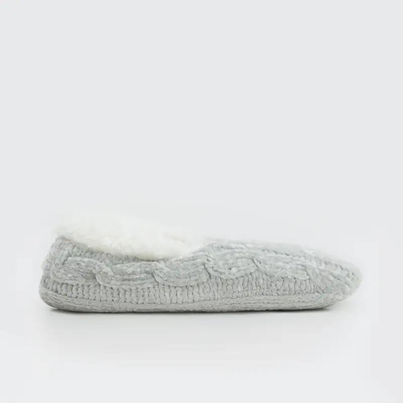 Тапочки-носки женские, домашние, шенилл/шерпа, серые, Косы, Knitted soft ,image-0