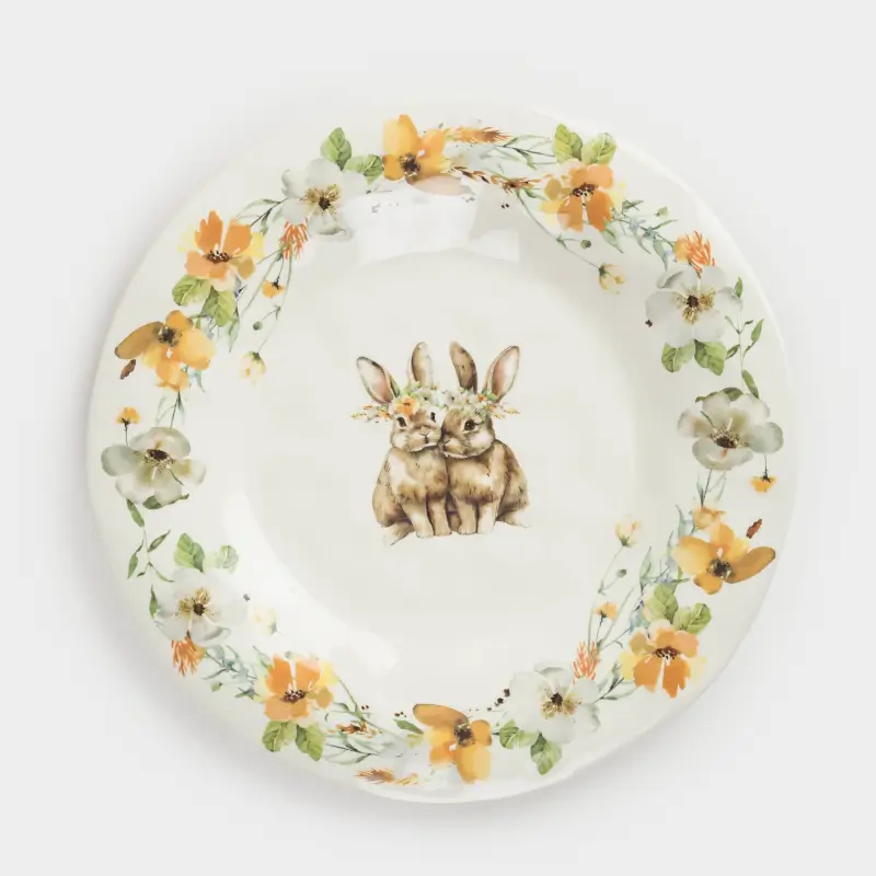 Тарелка обеденная, 28 см, керамика, белая, Кролики в венках, Natural Easter ,image-0