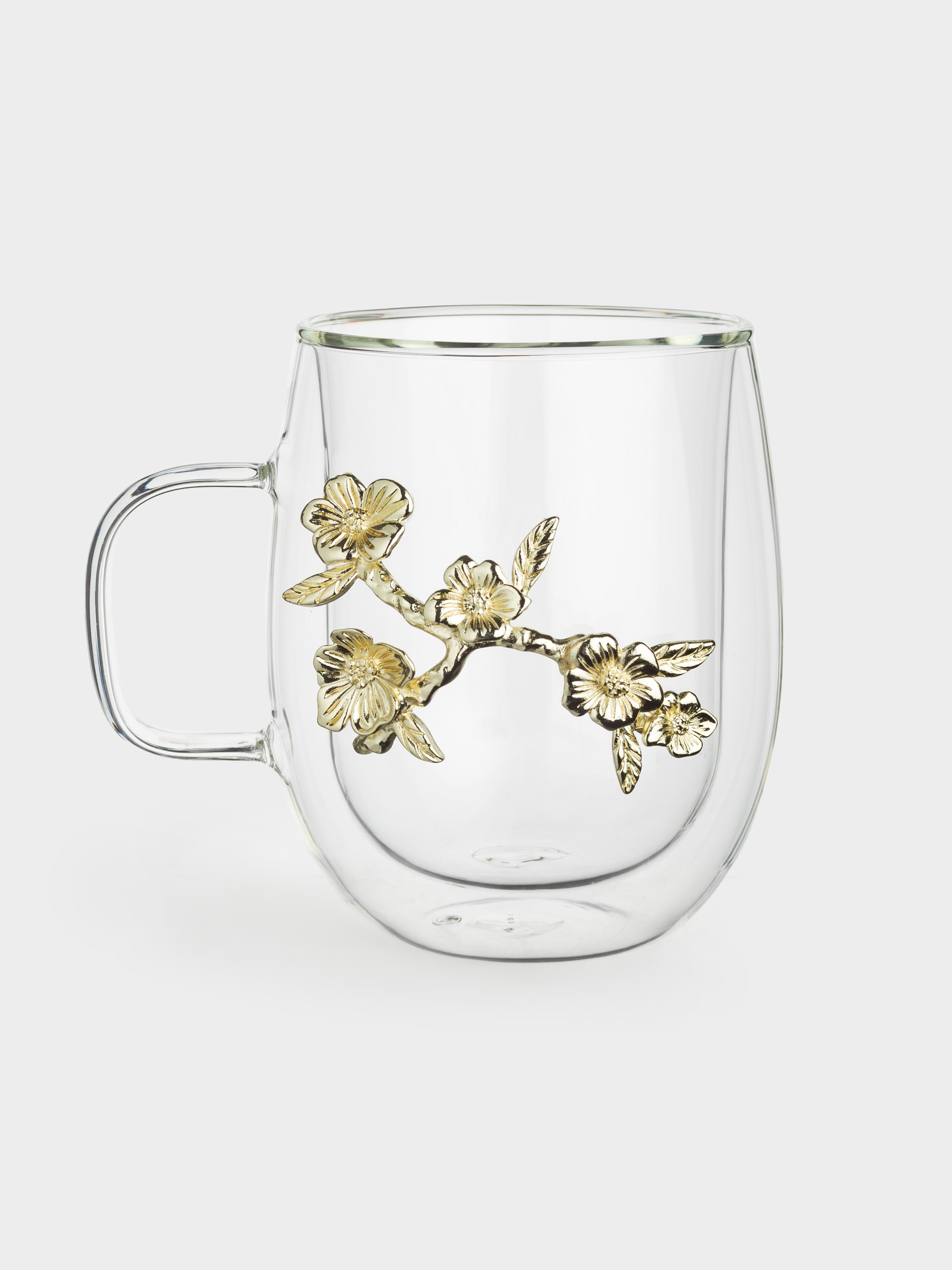 Кружка, 350 мл, стекло Б/металл, Золотистые цветы, Air decor, image-0