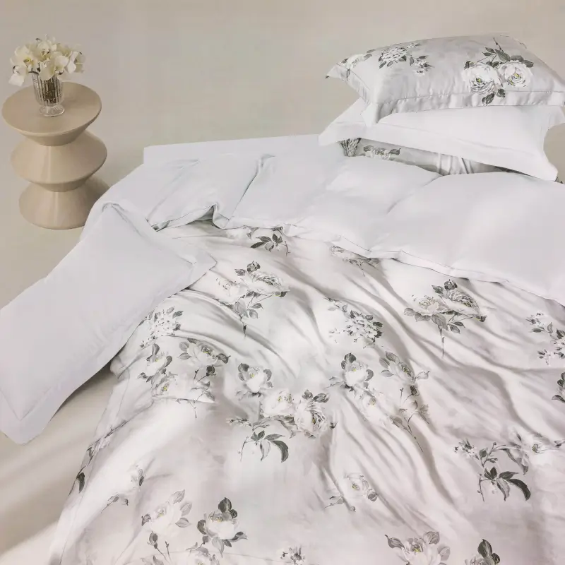 КПБ евро, тенсель 300 ТС, светло-серый, Цветы, Tencel ,image-0