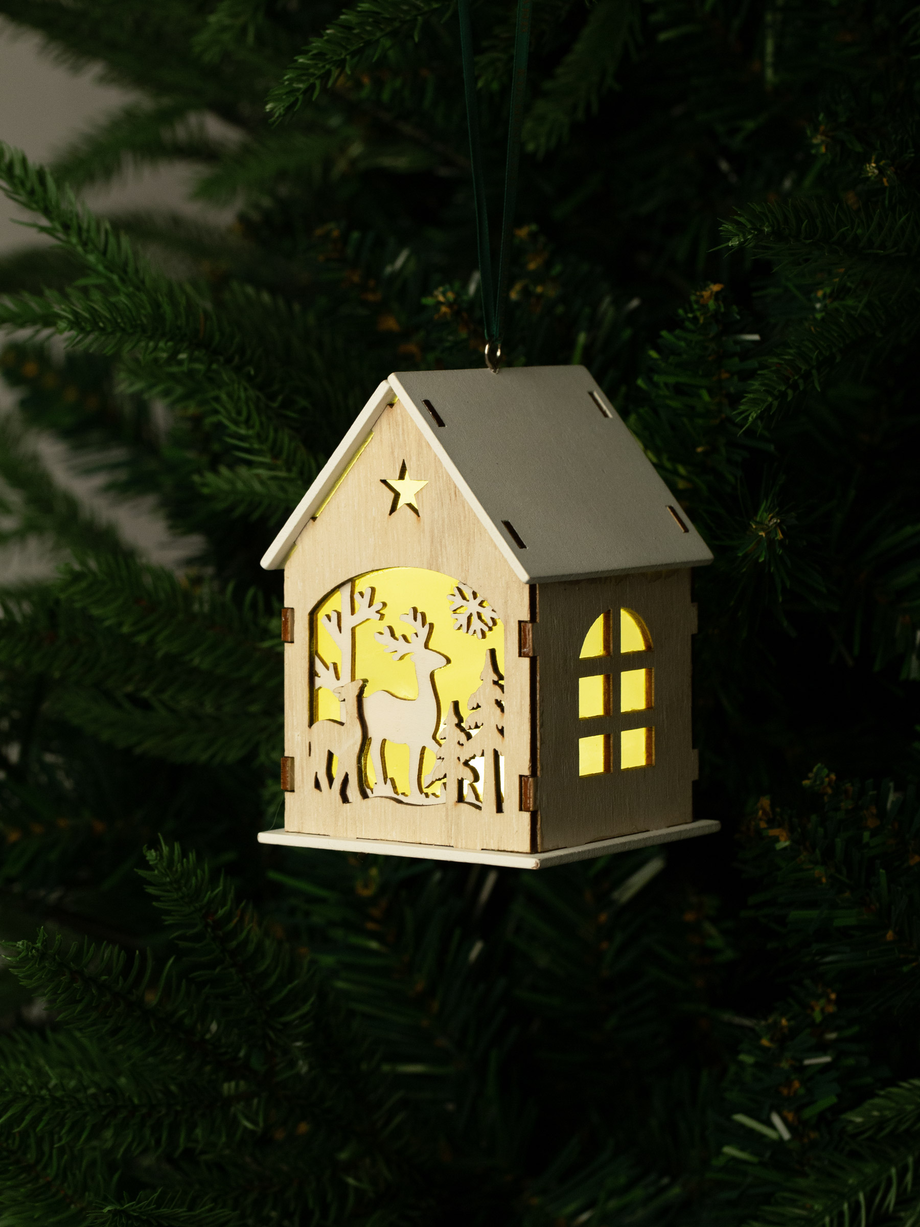 Шырша ойыншығы, 11 см, жарықтандырылған, МДФ, сарғылт-қоңыр, Бұғы бар үй, Figure wood, image-3