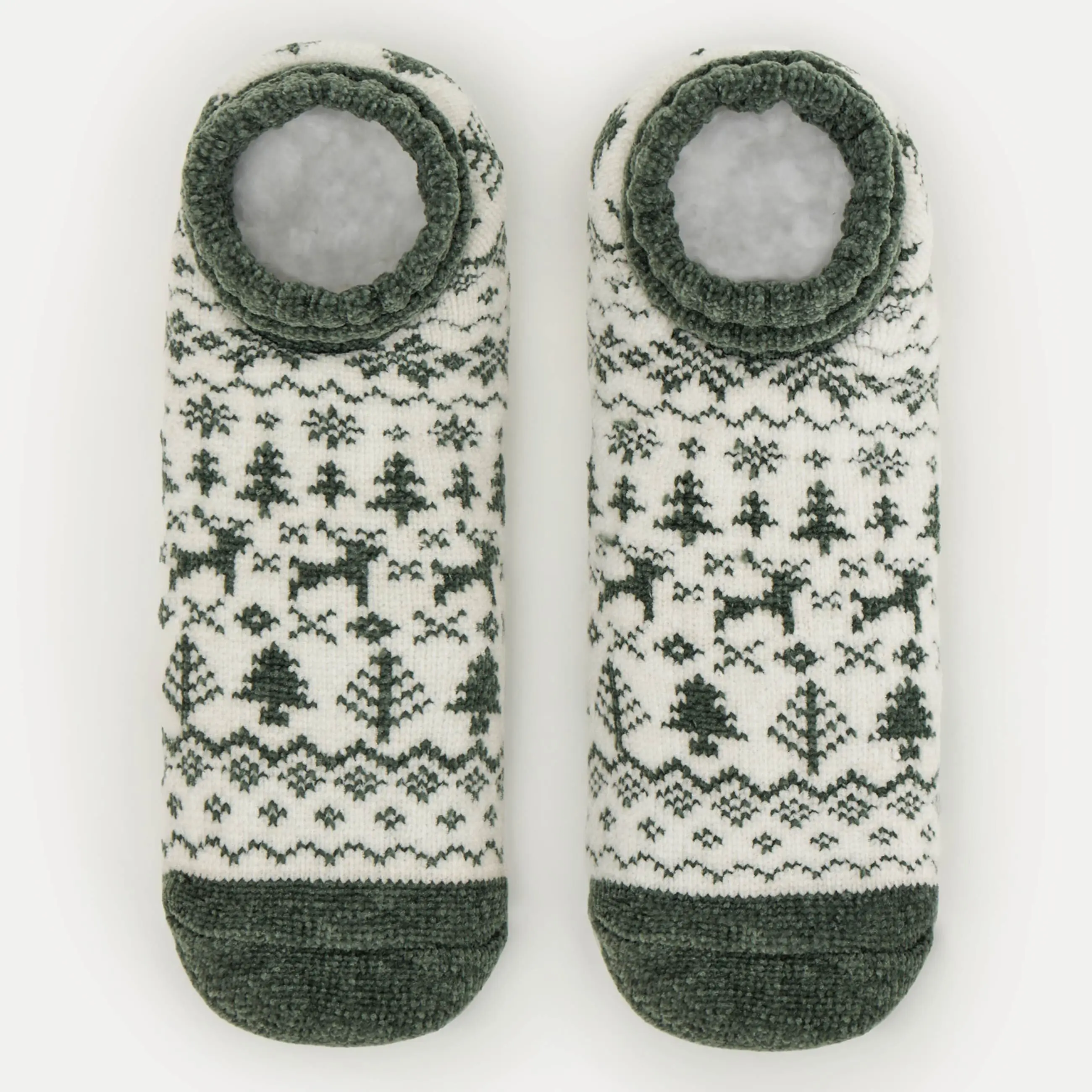 Носки женские, домашние, шенилл/шерпа, бело-зеленые, Зимний узор, Hot winter