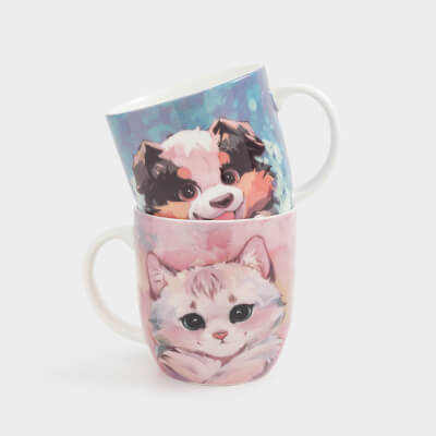 Кружка, 350 мл, 2 шт, фарфор F, голубая/розовая, Кошка/Собака, Friends ,image-0