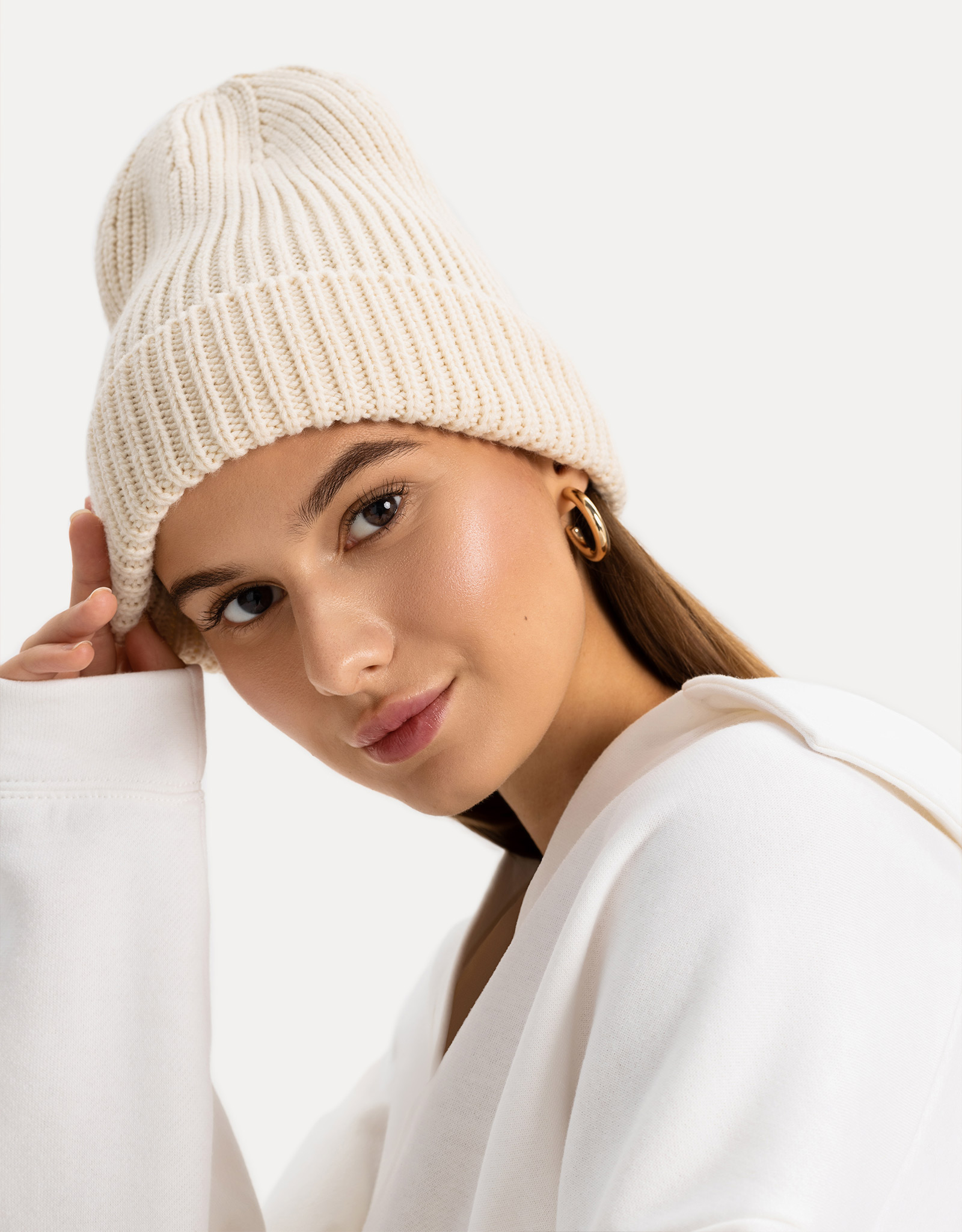 Шапка женская, единый размер, акрил, бежевая, Knitting, image-2