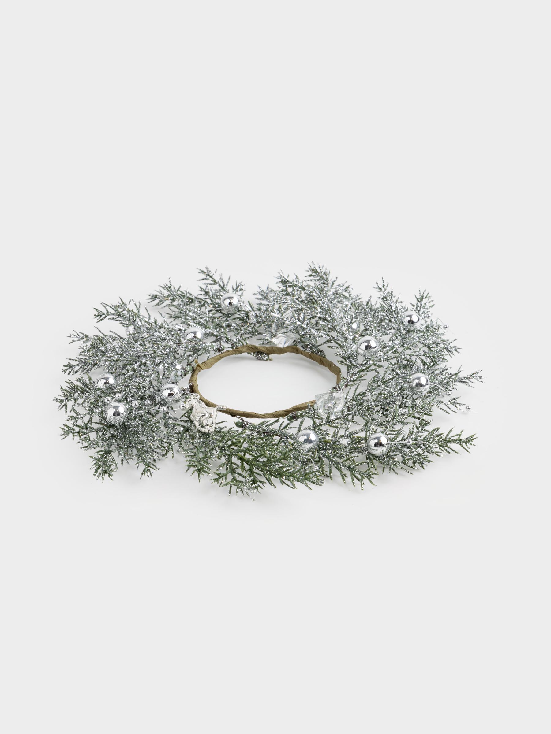 Венок декоративный, 10/26 см, пластик, Серебристая ель с лошадками, Conifer silver, image-3