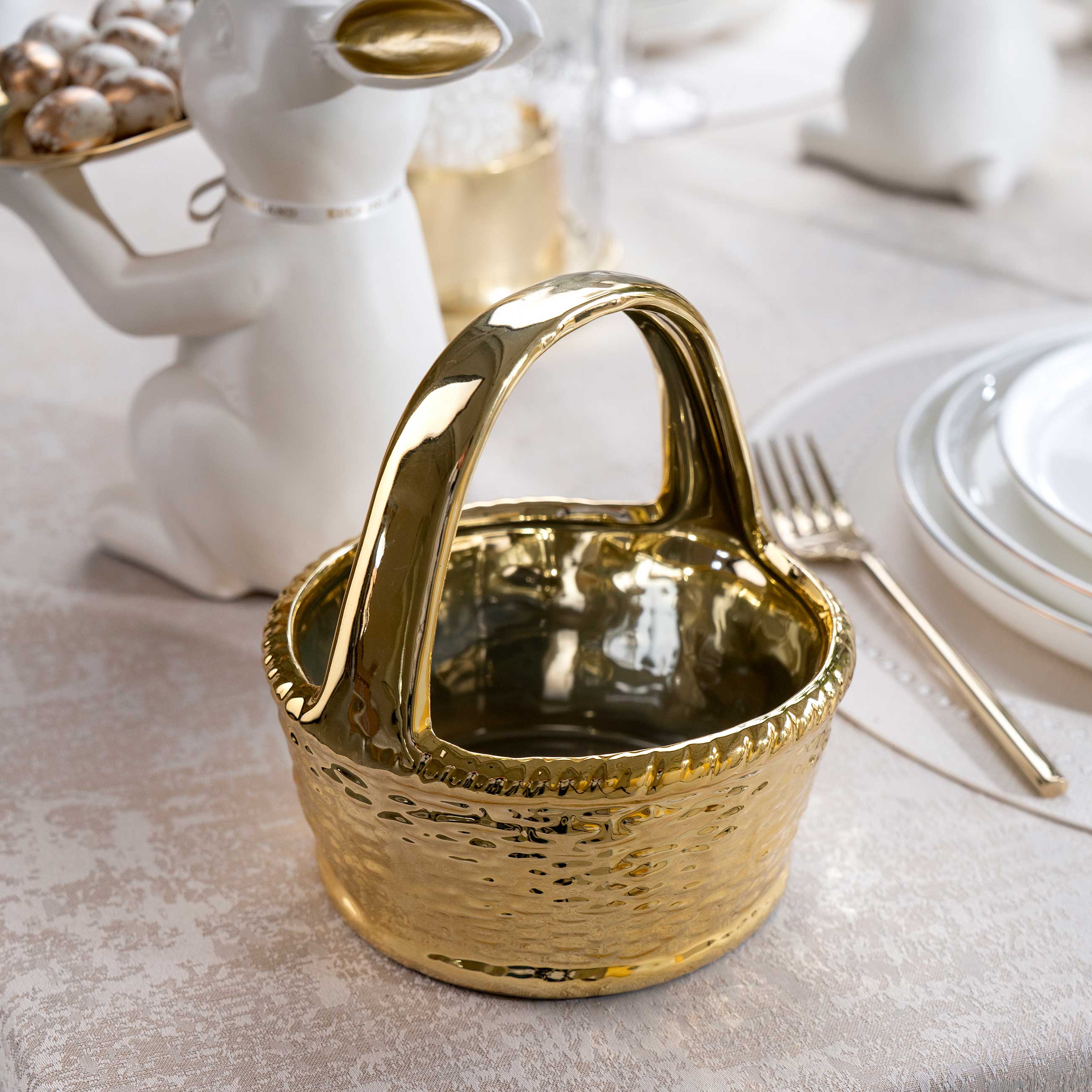 Конфетница, 14х16 см, с ручкой, керамика, золотистая, Корзина, Easter ...