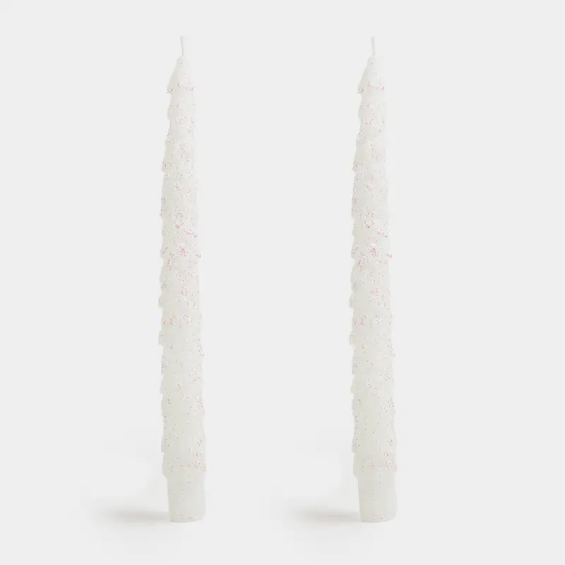 Свеча, 25 см, 2 шт, тонкая, с блестками, бело-серебристая, Елка, Fir candle, image-0