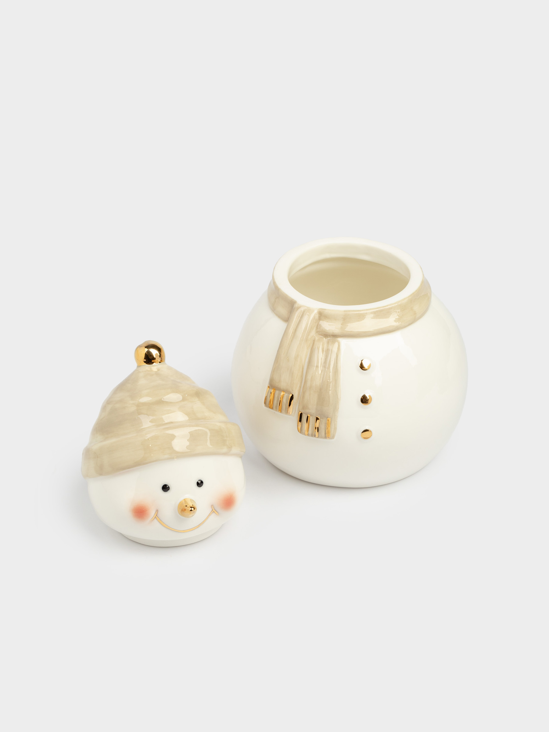 Емкость для хранения, 19х13 см, 1 л, фарфор P, бело-бежевая, Снеговик в шапке и шарфе, Snowy, image-1