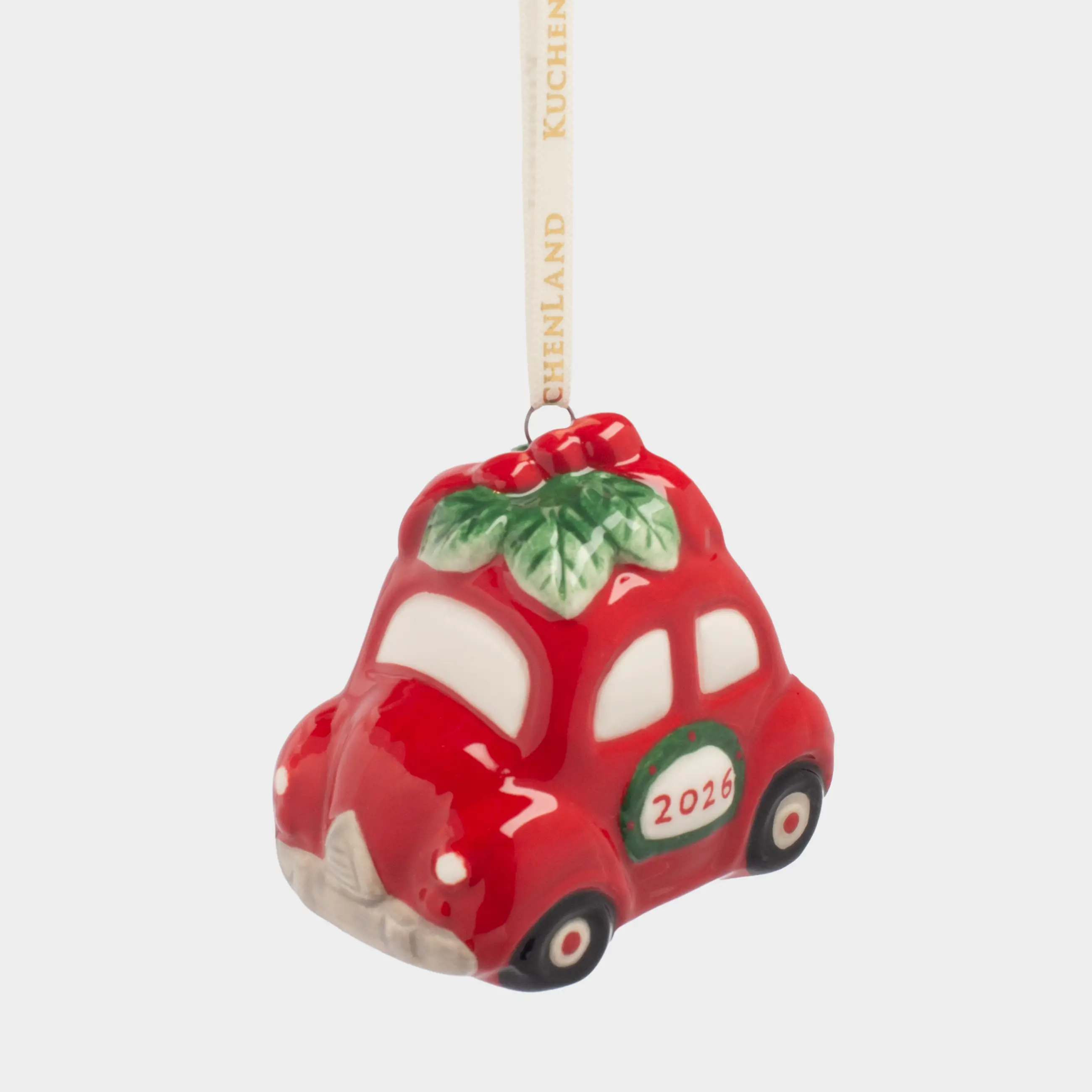Шырша ойыншығы, 6 см, керамика, қызыл, Гүл шоғы бар көлік, Figure christmas