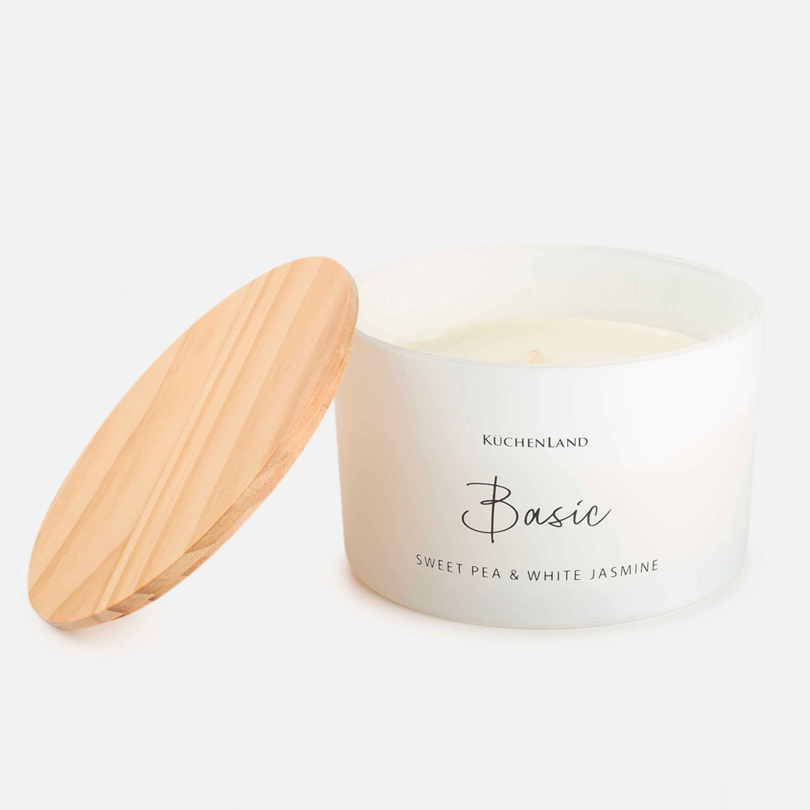 Хош иісті шам, 13 см, үш фитиль, шам ұстағышта, қақпағы бар, шыны, тәтті бұршақ және Ақ Жасмин, негізгі, image-0