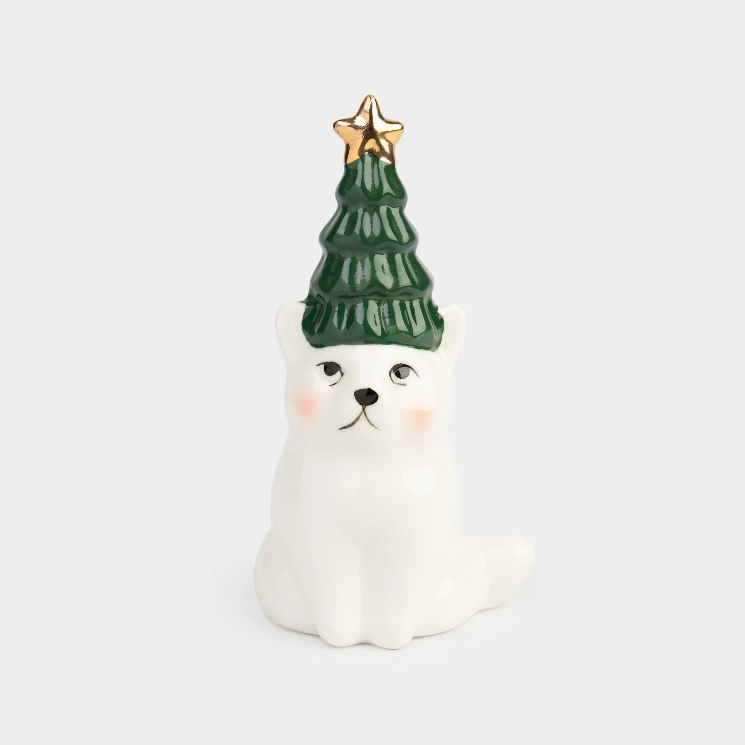 Мүсінше, 12 см, фарфор P, ақ және жасыл, Шыршасы бар мысық, Christmas cat