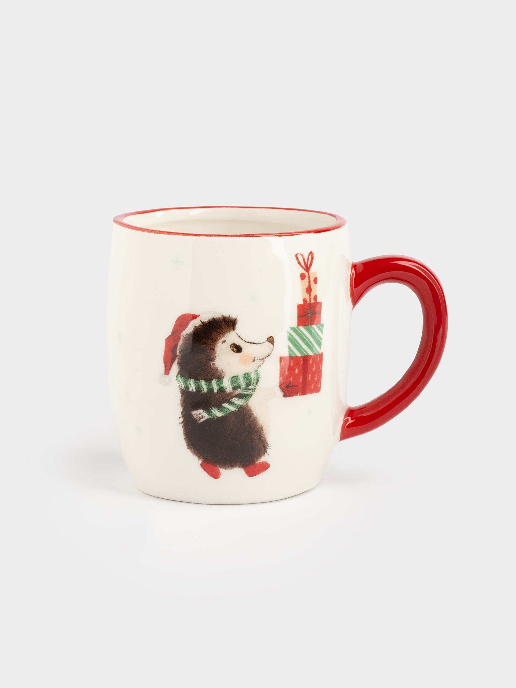 Саптыаяқ, 400 мл, керамика, ақ, Сыйлықтары бар кірпі, Hedgehog christmas, image-0