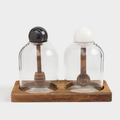 Набор банок, 350 мл, 2 шт, на подставке, с ложками, стекло/дерево/мрамор, Marble ,image-0