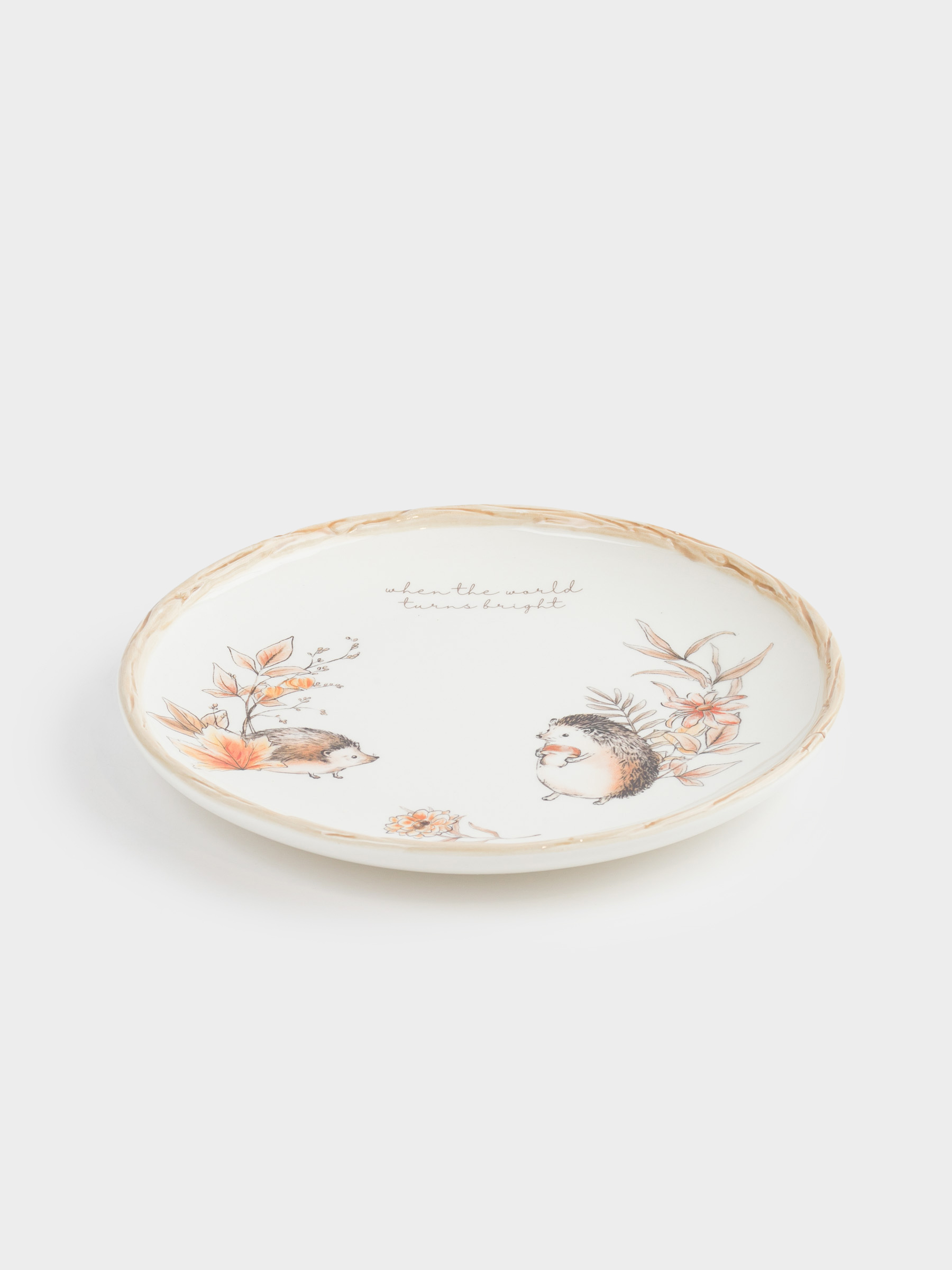 Тарелка закусочная, 22 см, керамика, молочная, Ежи и листья, Forest hedgehogs, image-1