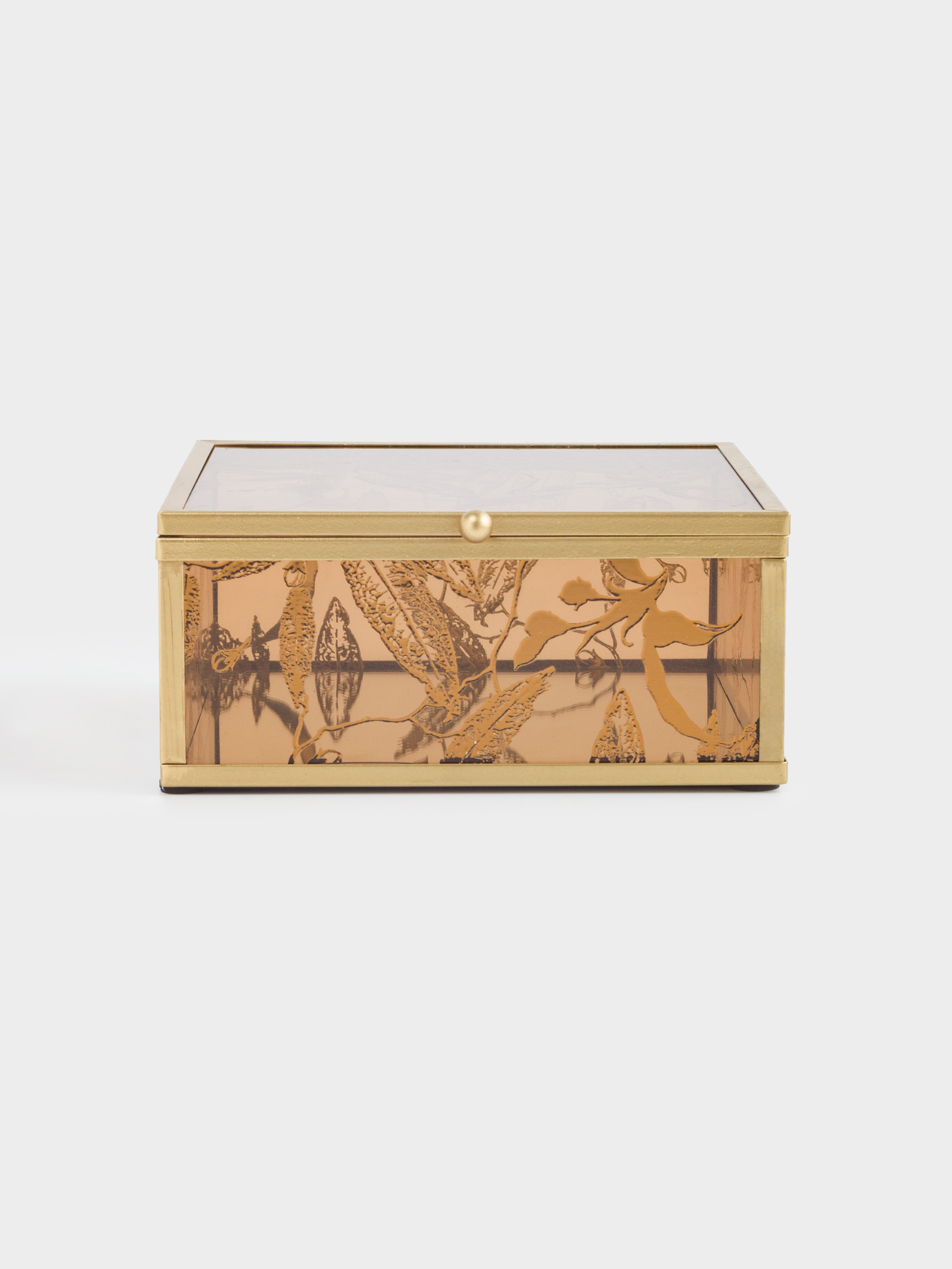 Шкатулка для украшений, 15х16 см, стекло/металл, золотистая, Листья, Collection, image-1